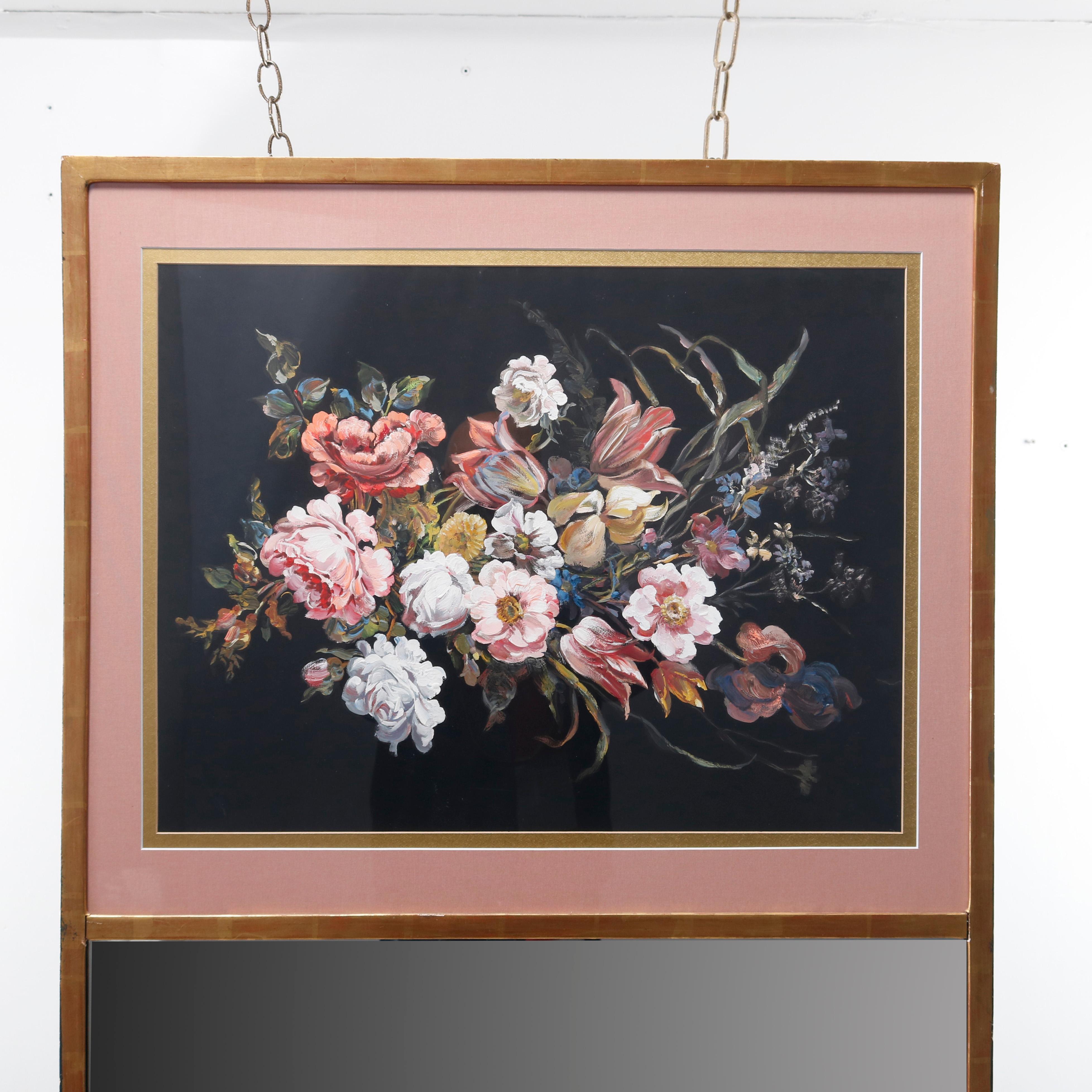 A vintage oversized French style Trumeau mirror offers upper floral still life print over lower mirror, seated in modest giltwood frame, 20th century


Measures: 58.5