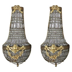 Oversized French Louis XIV Style Bronze and Draped Crystal Wall Sconces