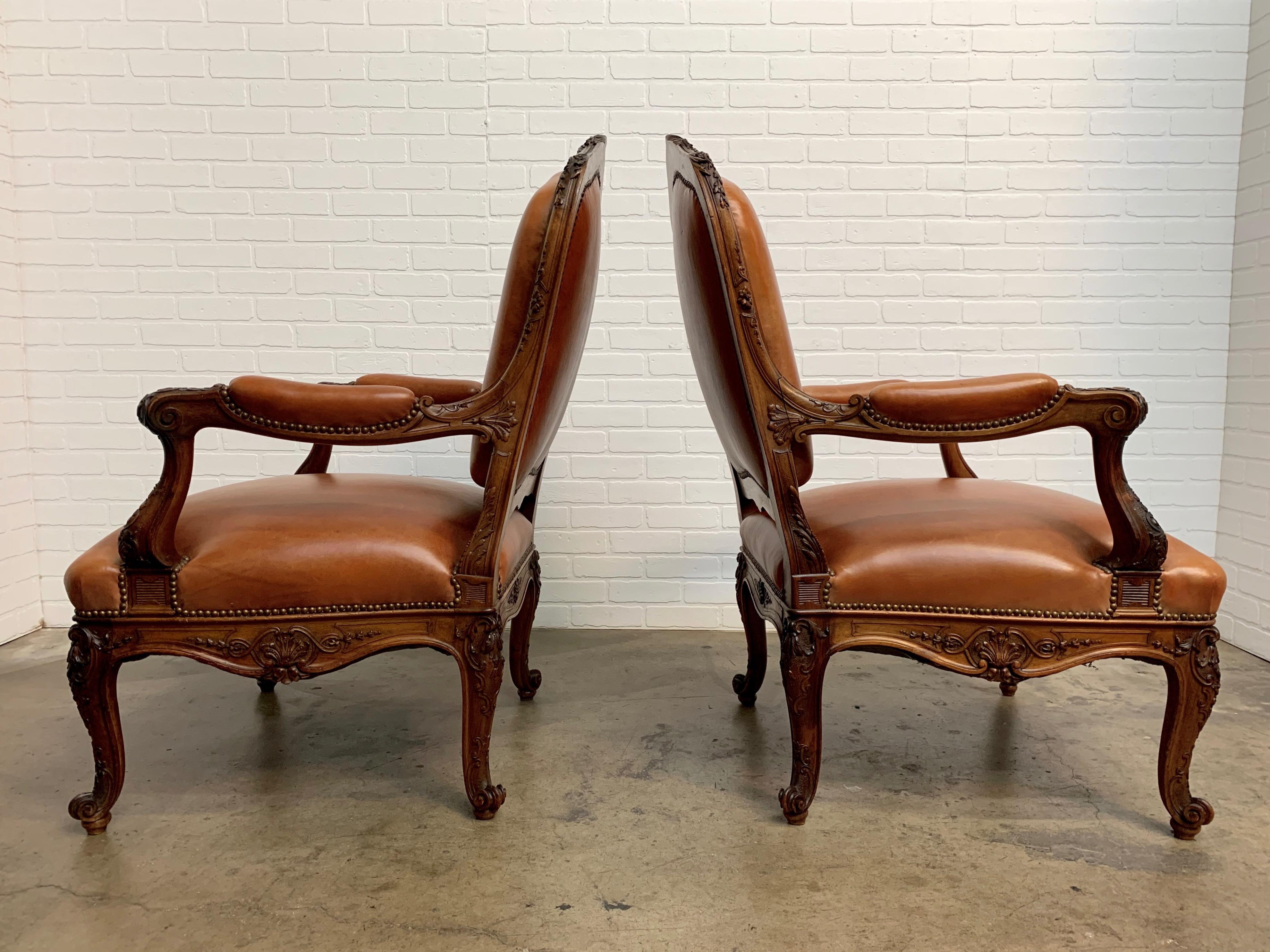 Oversized French Louis XV Style Armchairs with Leather Upholstery In Good Condition In Denton, TX