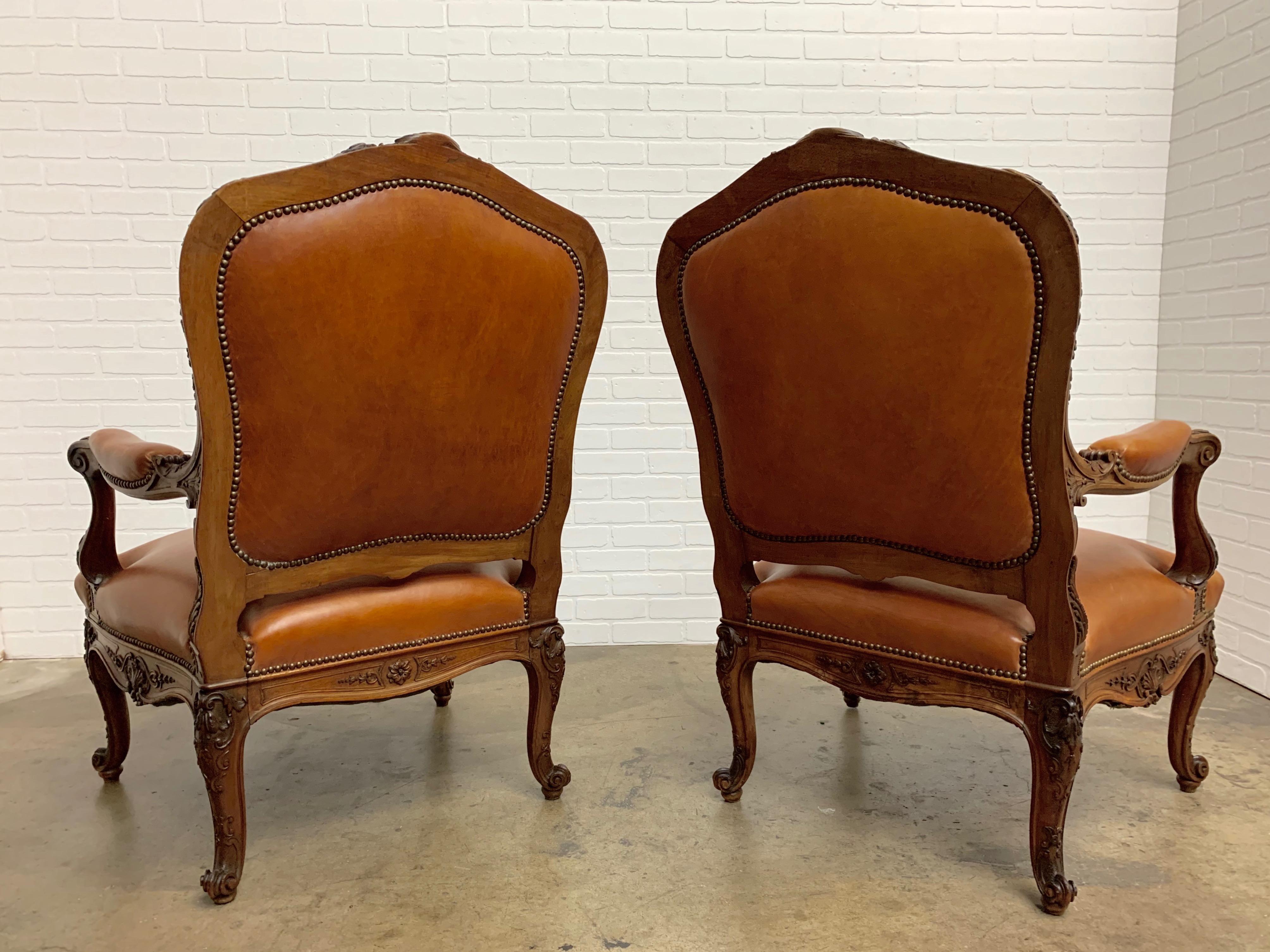 19th Century Oversized French Louis XV Style Armchairs with Leather Upholstery