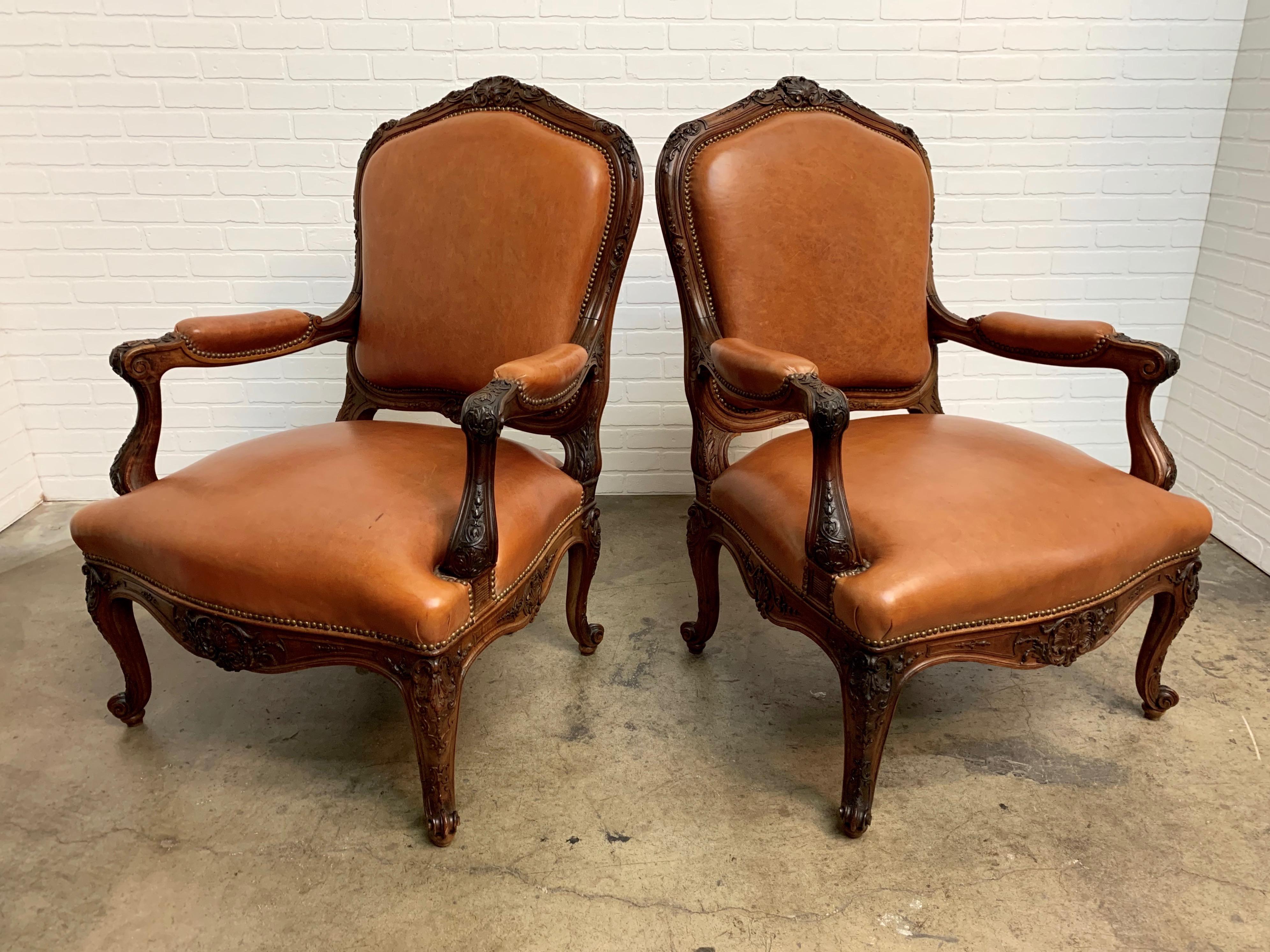 Brass Oversized French Louis XV Style Armchairs with Leather Upholstery
