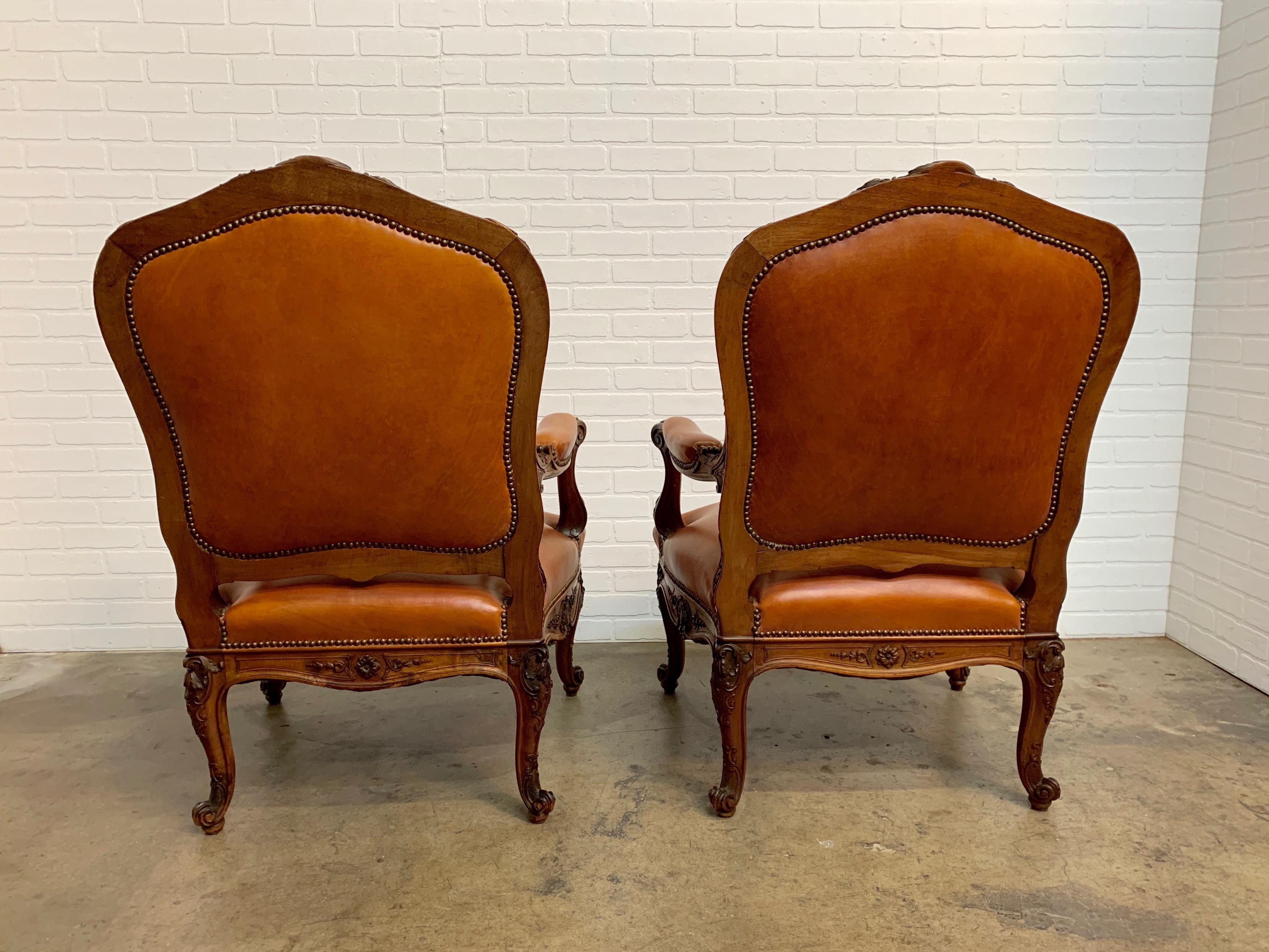 Oversized French Louis XV Style Armchairs with Leather Upholstery 1