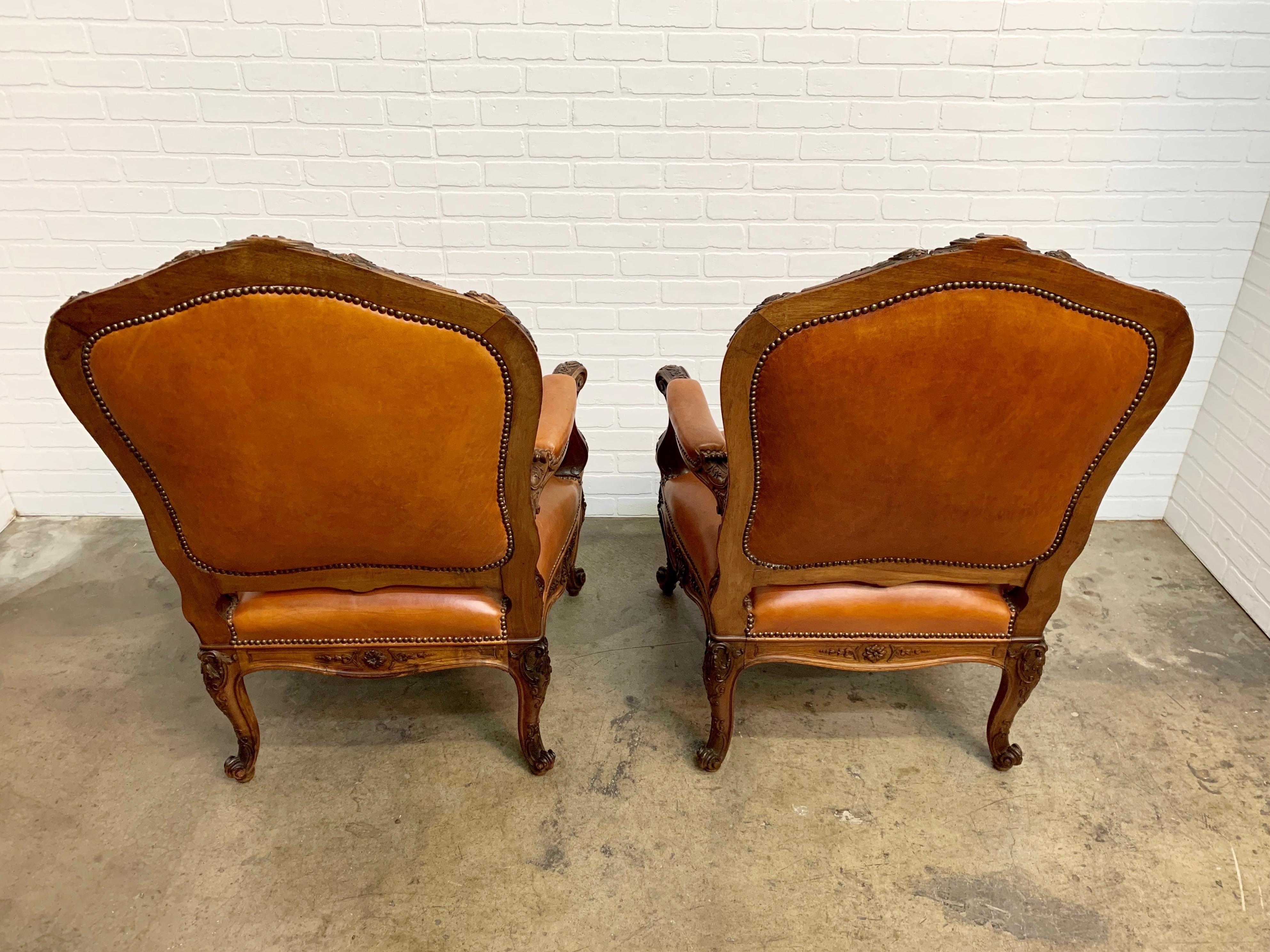 Oversized French Louis XV Style Armchairs with Leather Upholstery 2