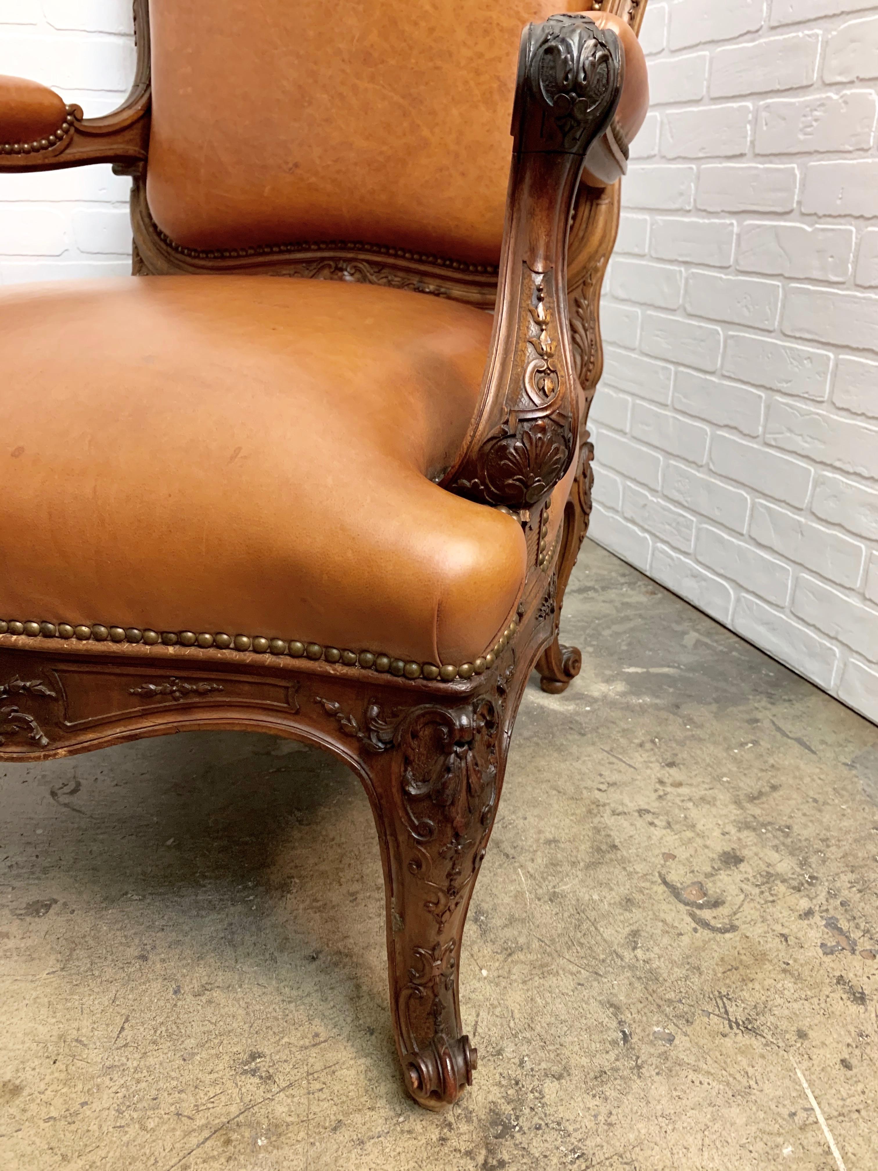 Oversized French Louis XV Style Armchairs with Leather Upholstery 3
