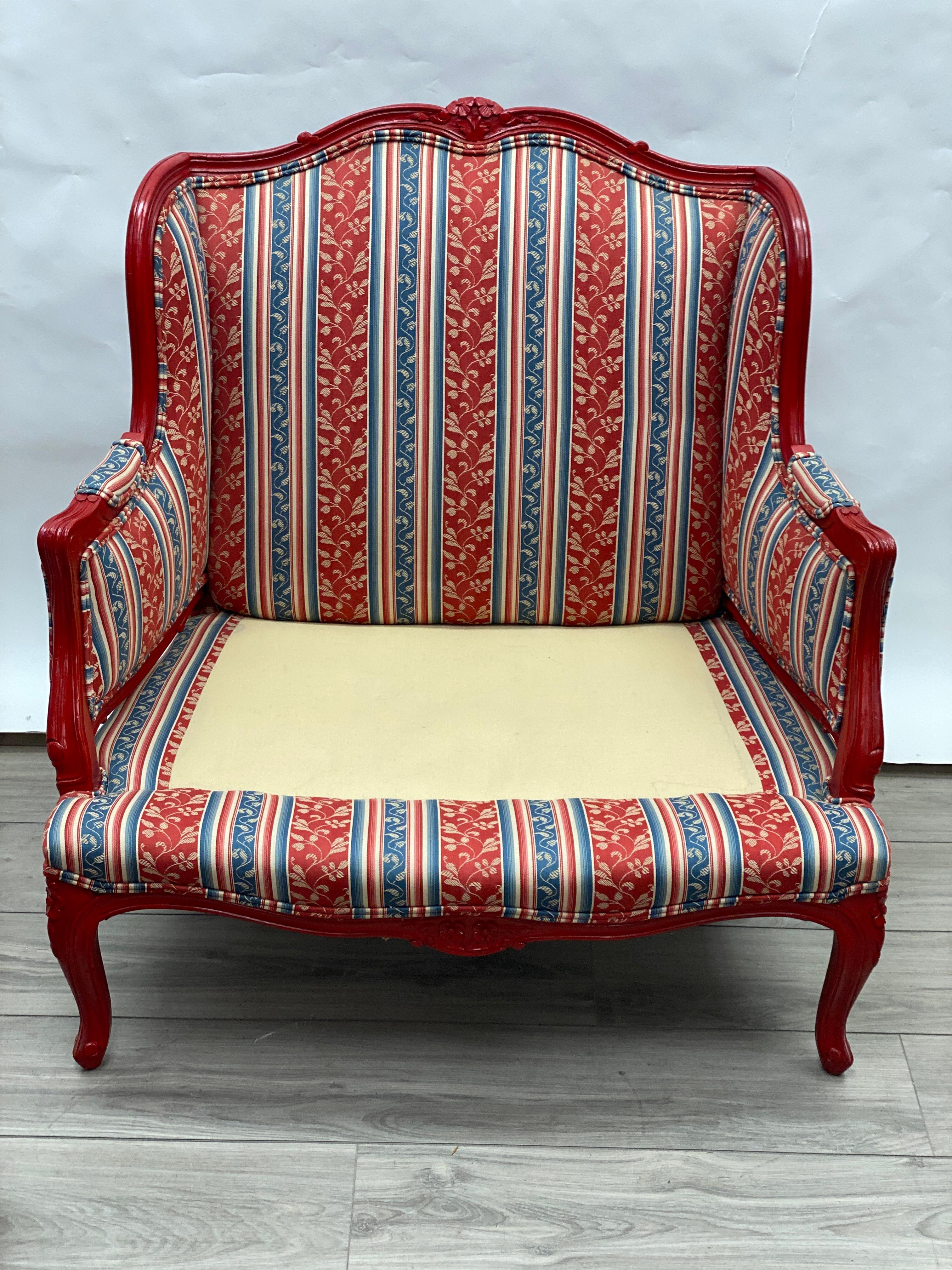 Lacquered Oversized French Louis XV Style Bergere Chair with Ottoman For Sale