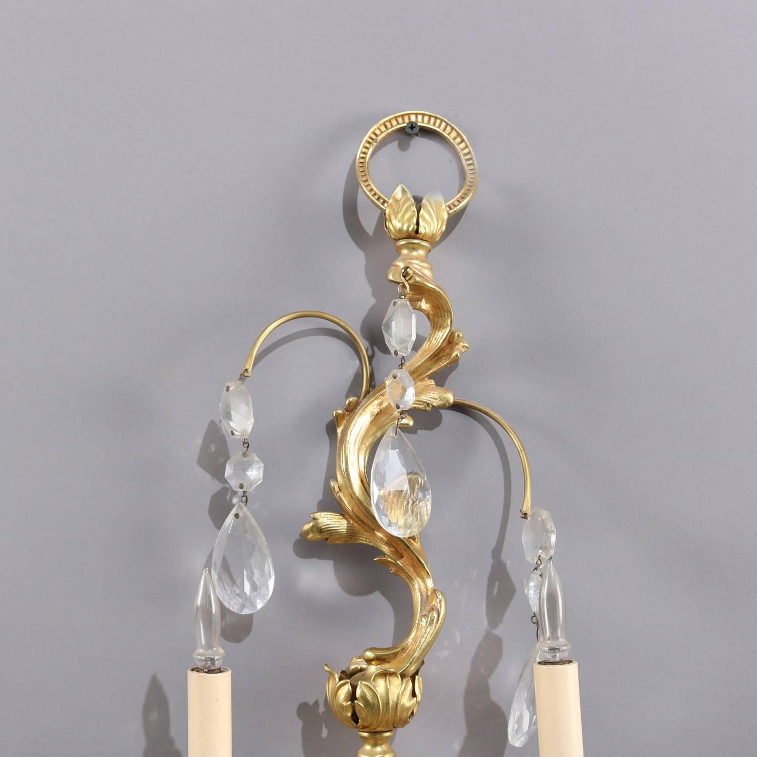 Cast Oversized French Rococo Foliate Form Gilt Bronze Cut Crystal Wall Sconces