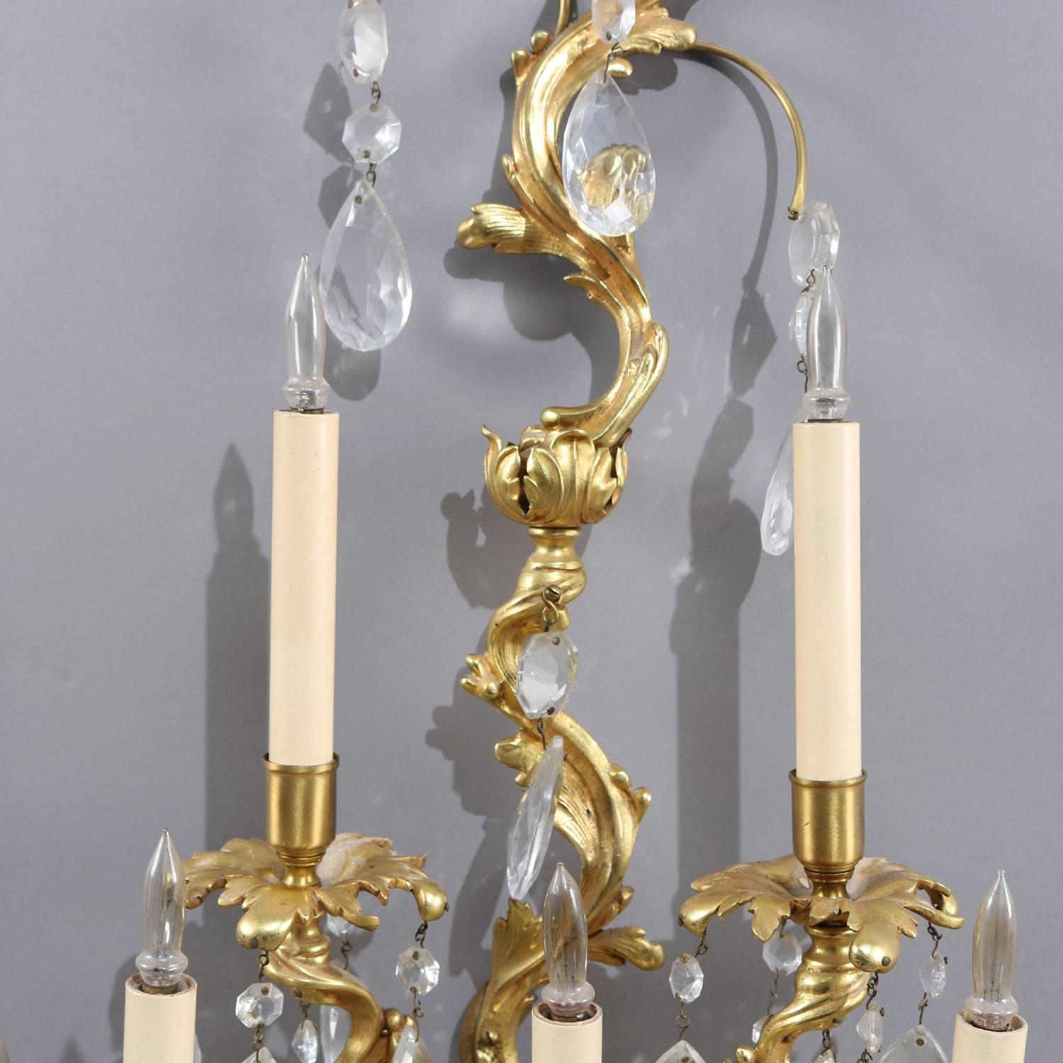 Oversized French Rococo Foliate Form Gilt Bronze Cut Crystal Wall Sconces In Good Condition In Big Flats, NY