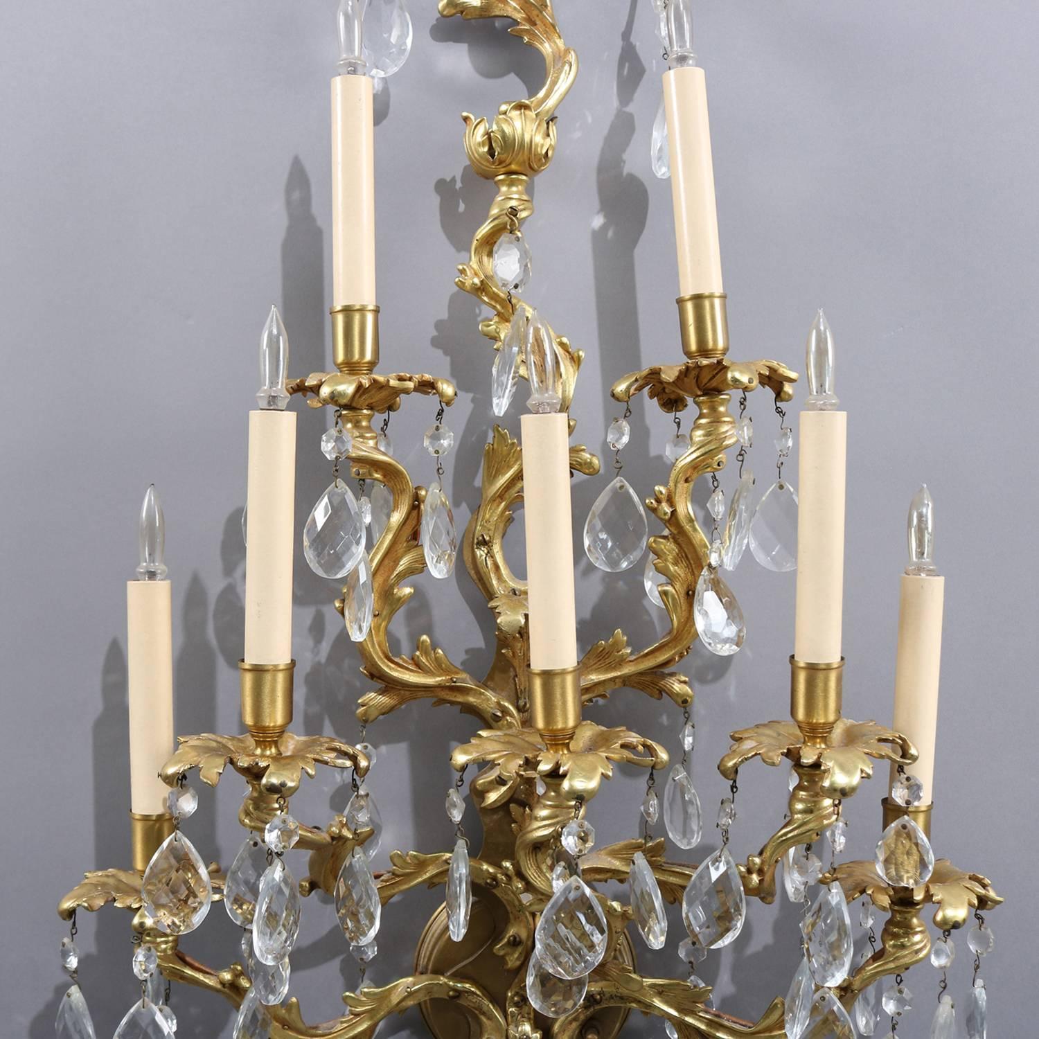 20th Century Oversized French Rococo Foliate Form Gilt Bronze Cut Crystal Wall Sconces