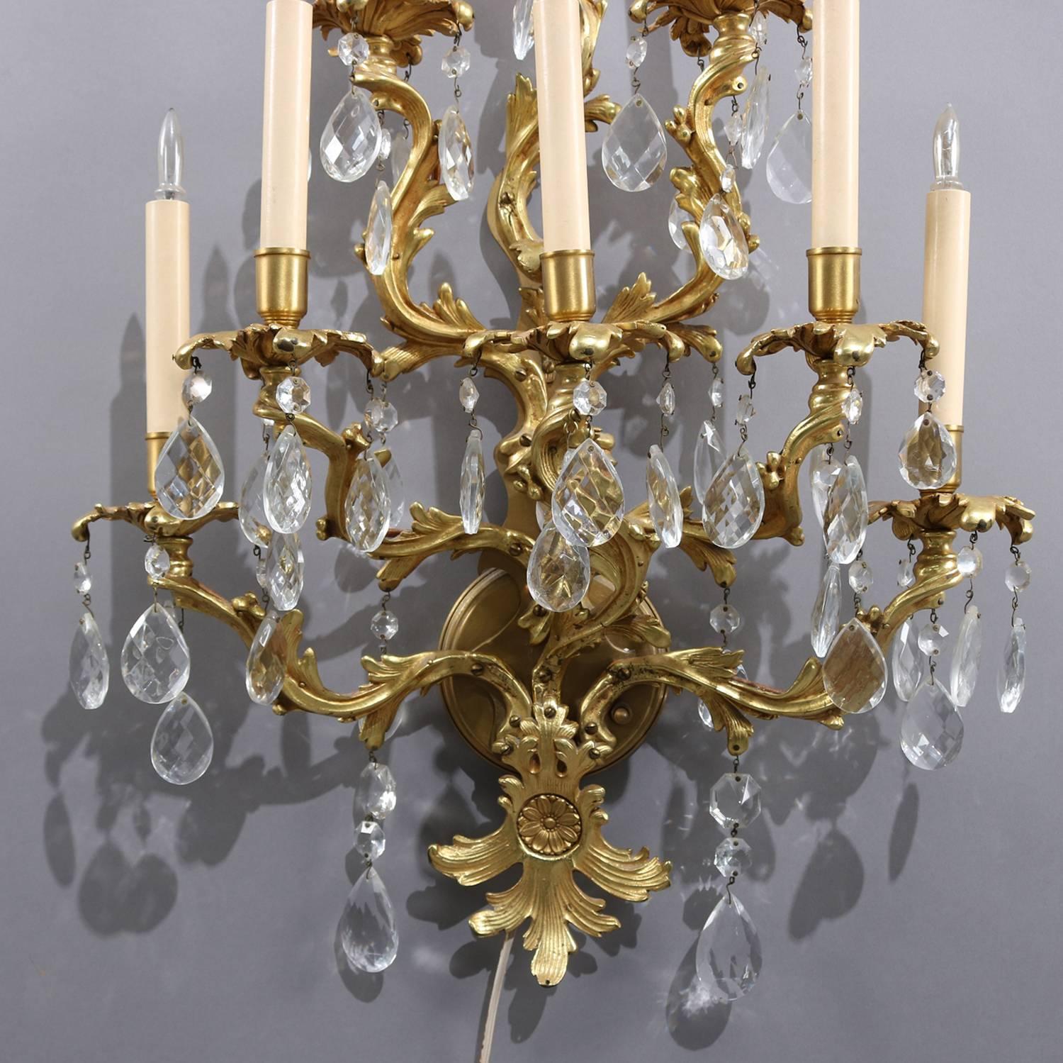 Metal Oversized French Rococo Foliate Form Gilt Bronze Cut Crystal Wall Sconces