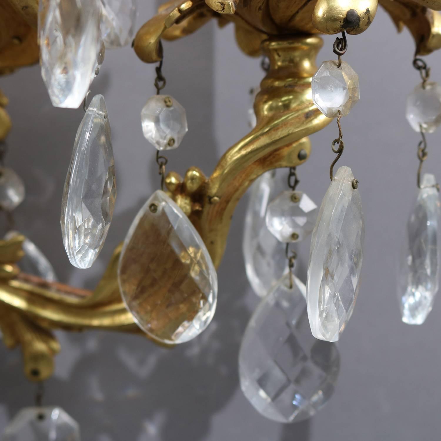 Oversized French Rococo Foliate Form Gilt Bronze Cut Crystal Wall Sconces 1