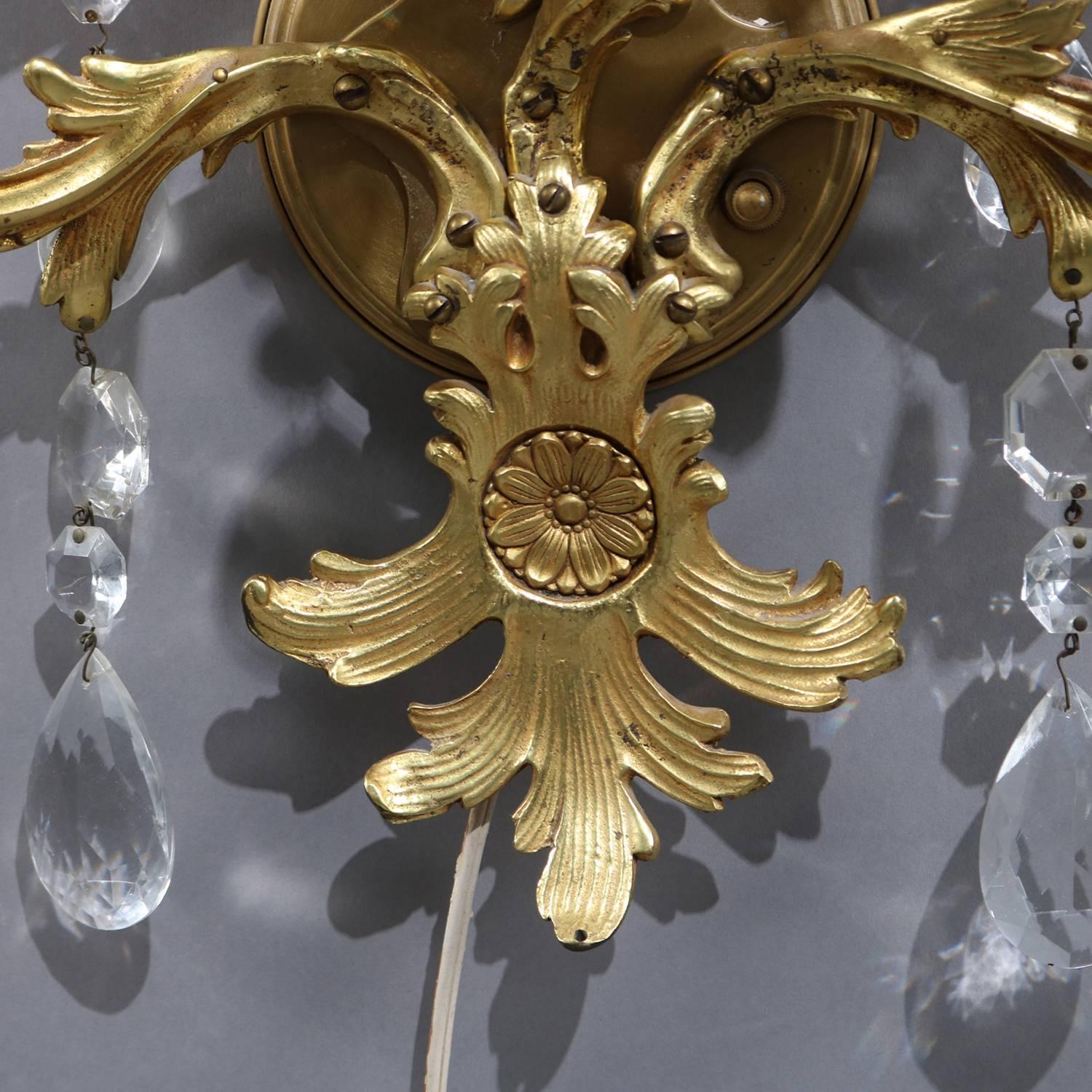 Oversized French Rococo Foliate Form Gilt Bronze Cut Crystal Wall Sconces 2
