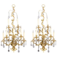 Oversized French Rococo Foliate Form Gilt Bronze Cut Crystal Wall Sconces