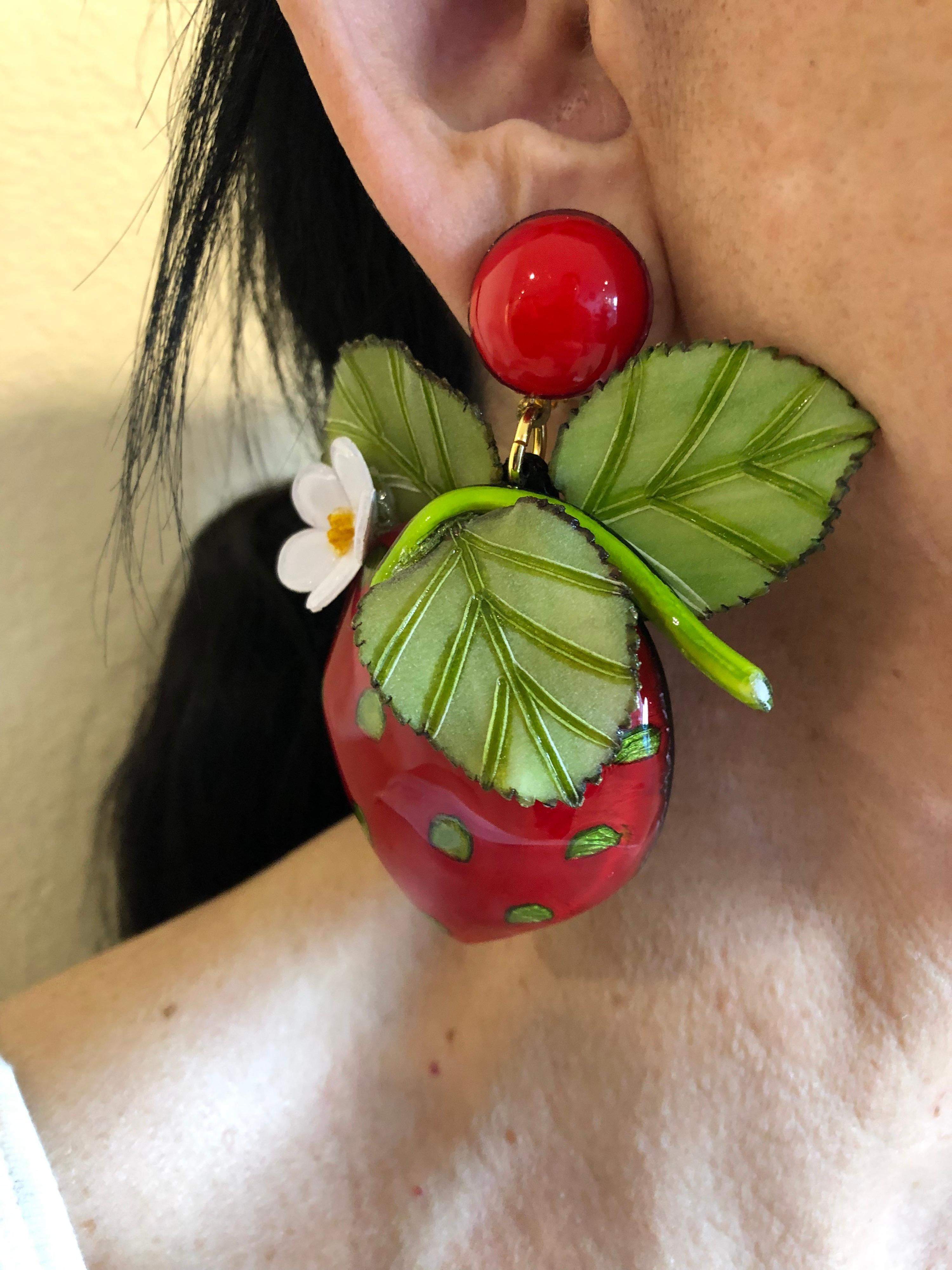 Contemporary Oversized French Strawberry Statement Earrings 