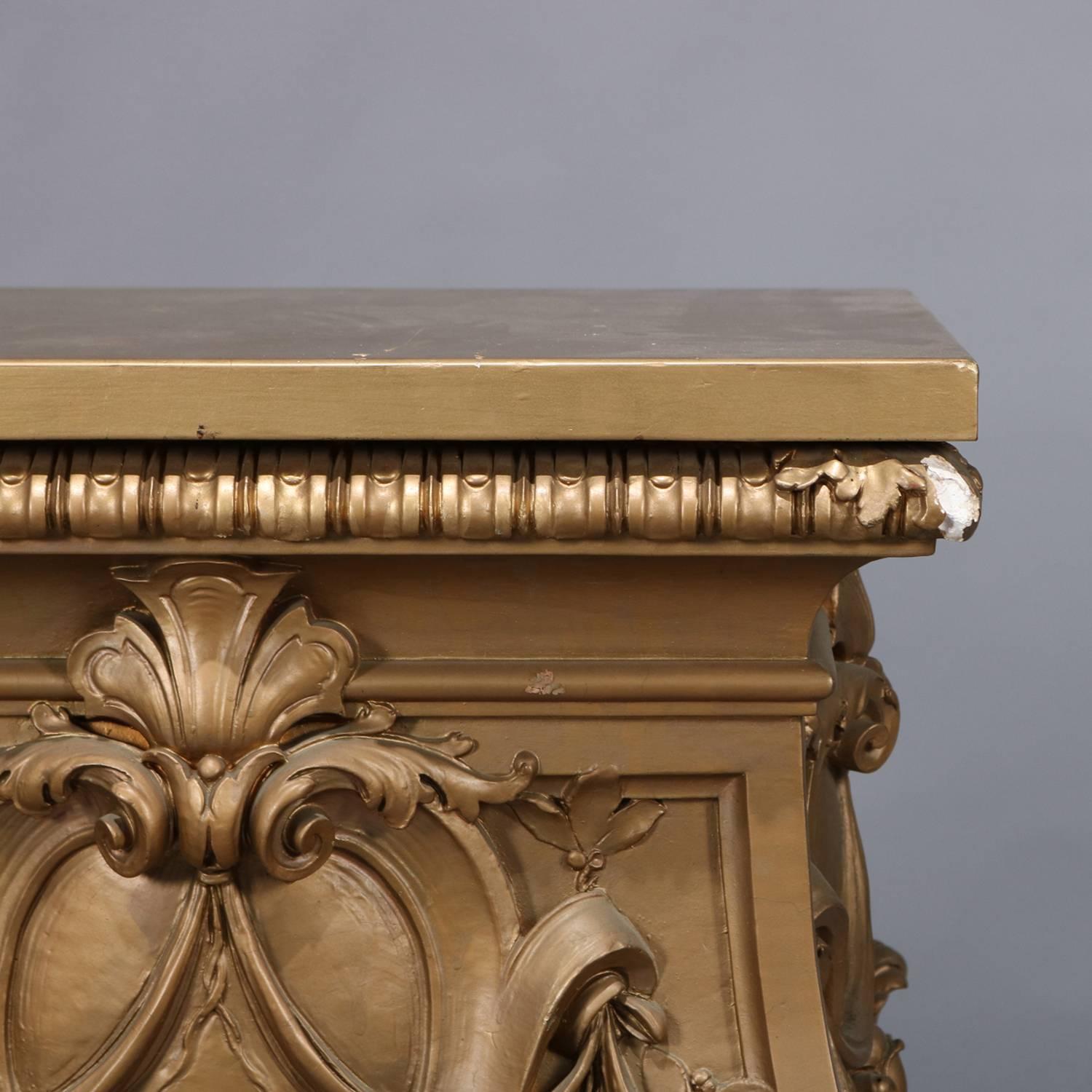 Oversized French Style Gilt Statuary Bombe Pedestal End Tables by