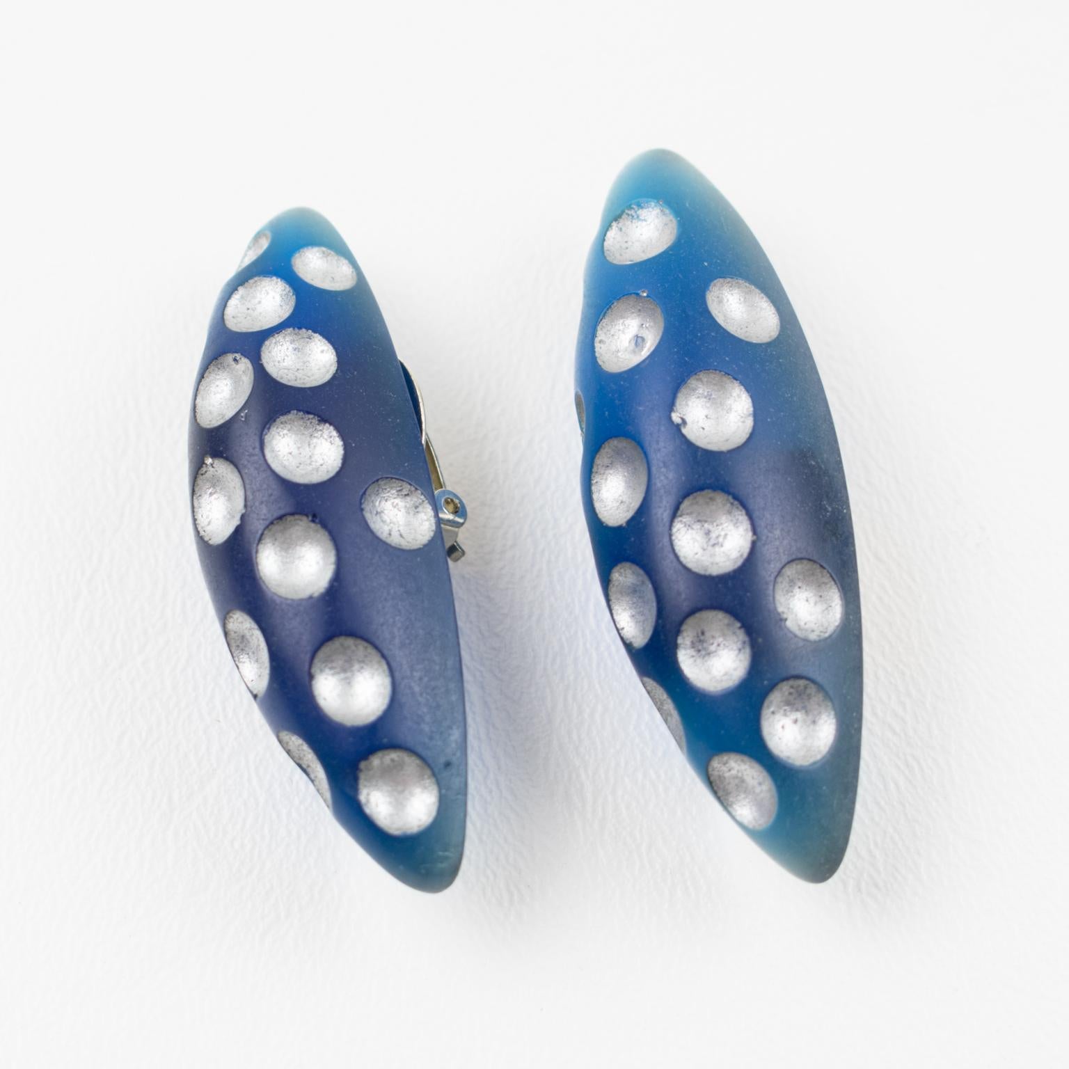 Modern Oversized Frosted Blue Lucite Resin Clip Earrings