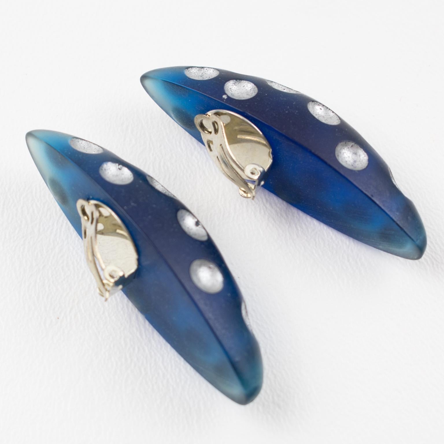 Women's or Men's Oversized Frosted Blue Lucite Resin Clip Earrings