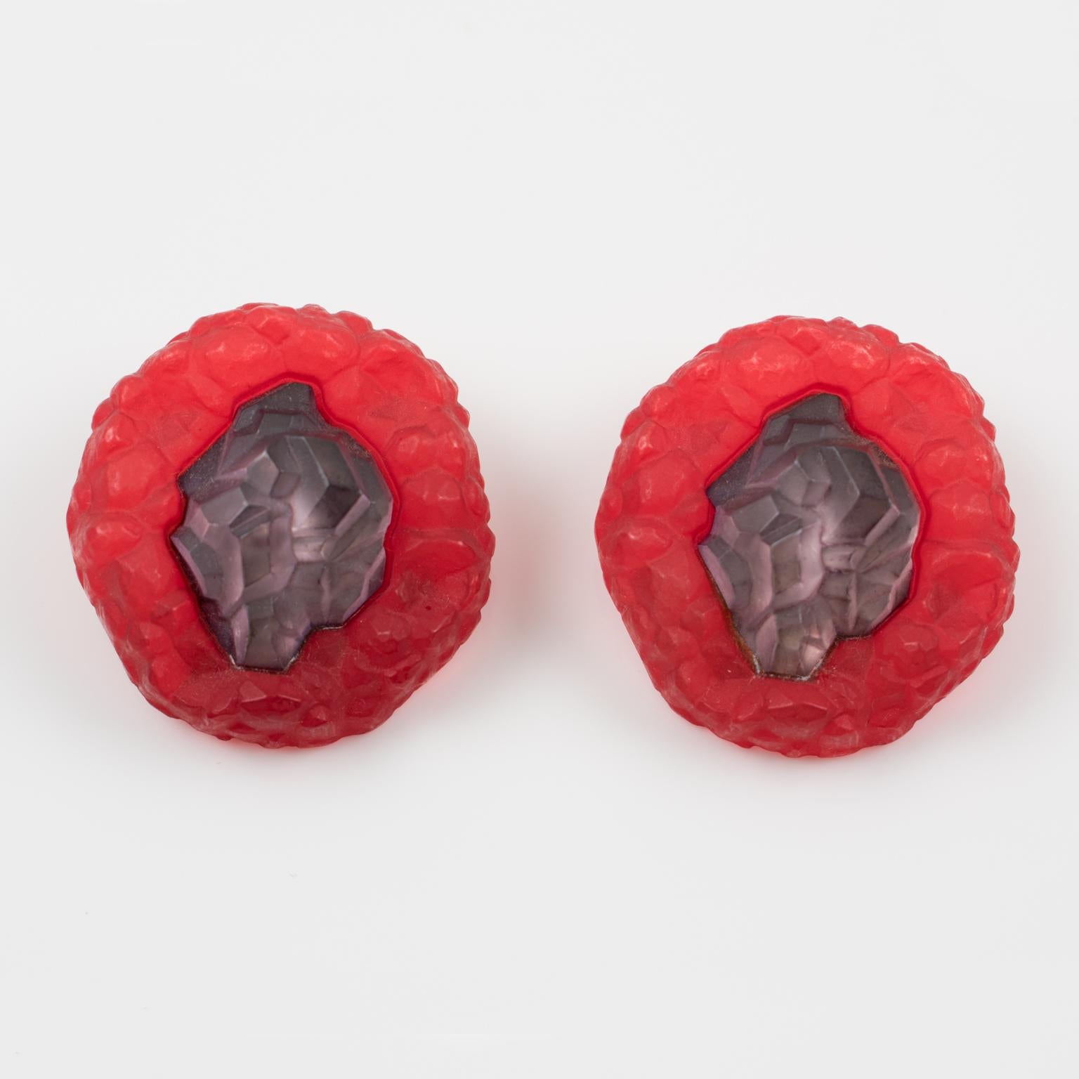 Modern Oversized Frosted Purple and Red Rock Lucite Clip Earrings For Sale