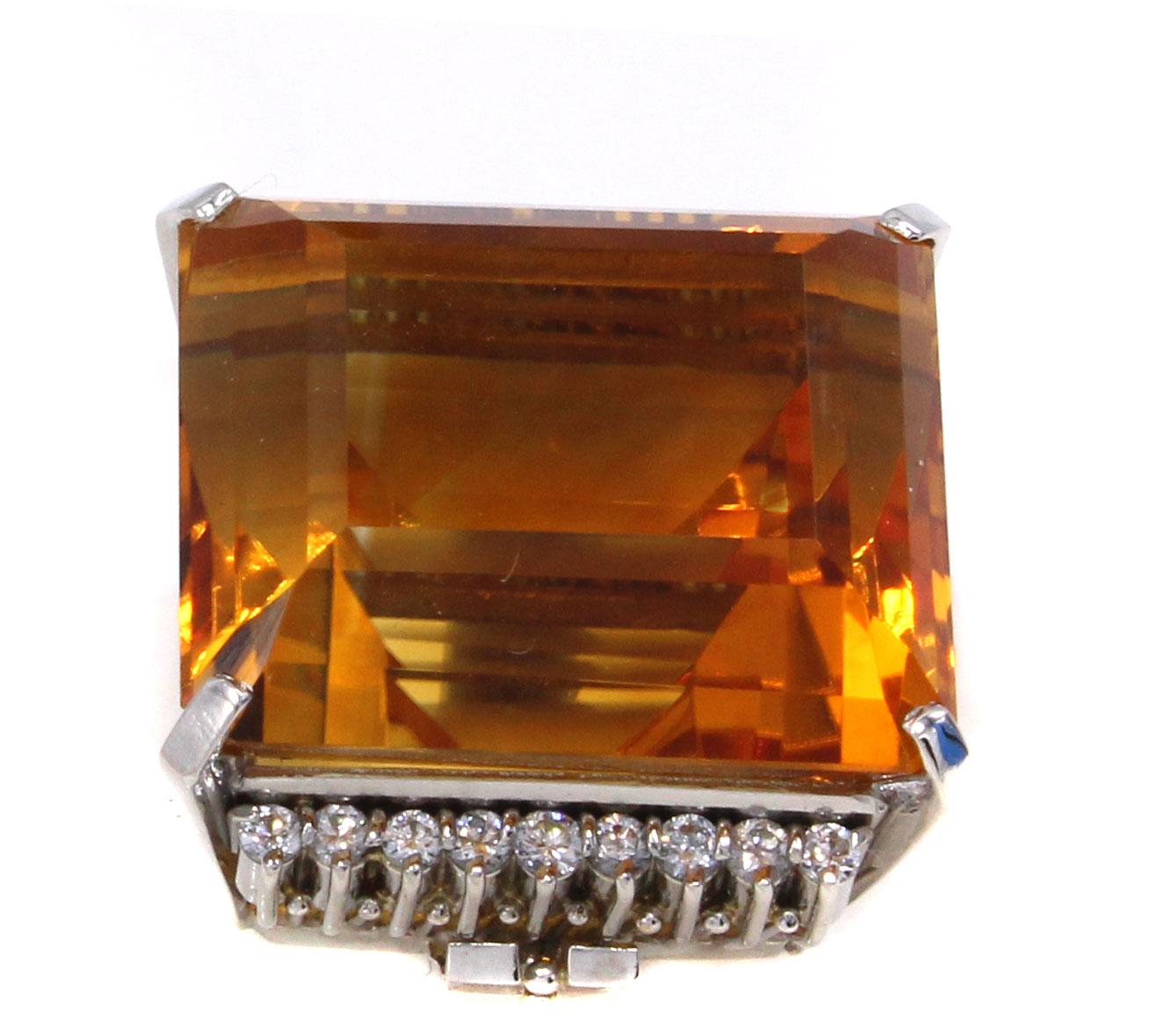 Emerald Cut Oversized Gem Golden 37.50 Carat Citrine Diamond Platinum Cocktail Ring For Sale