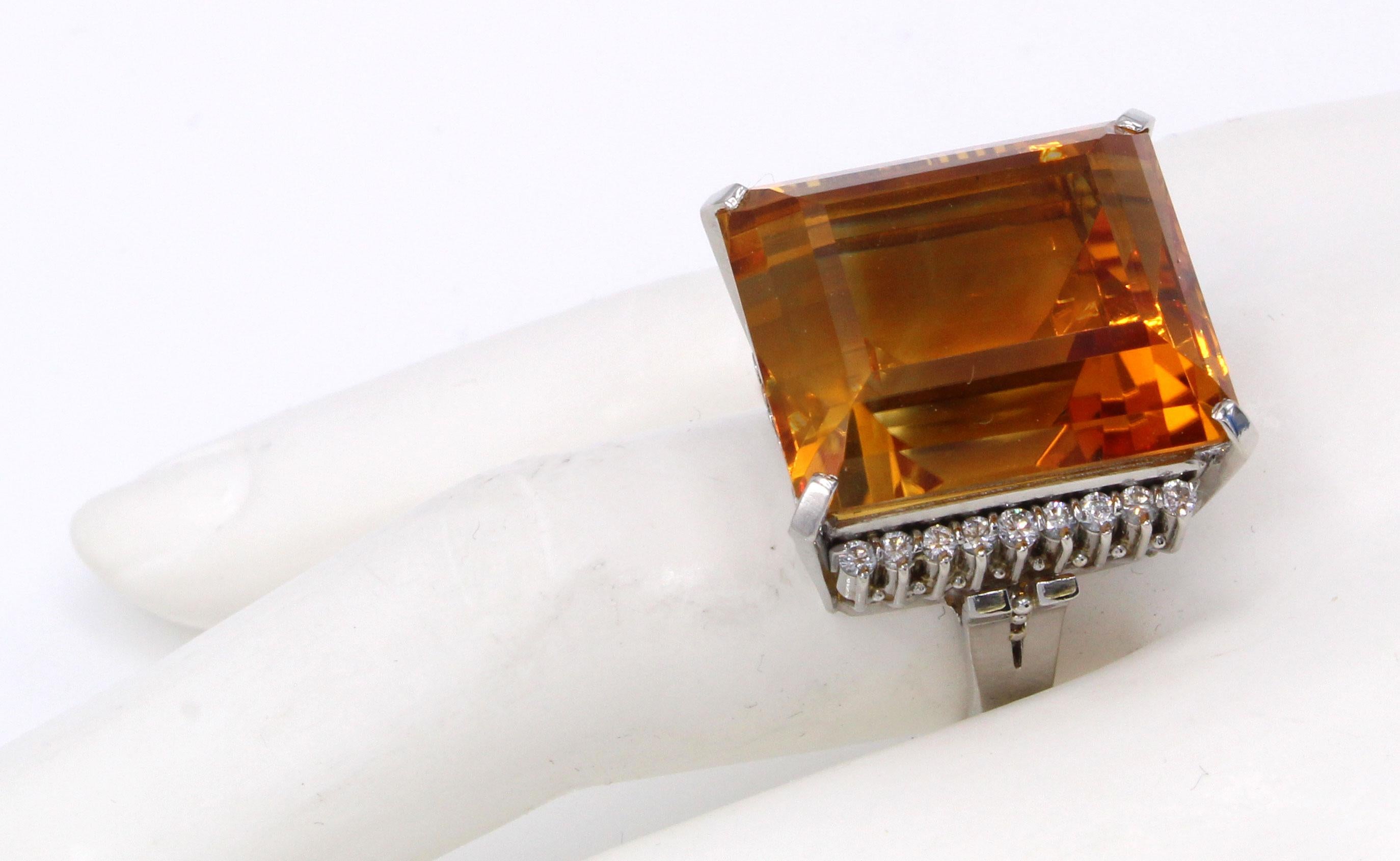 Oversized Gem Golden 37.50 Carat Citrine Diamond Platinum Cocktail Ring In Excellent Condition For Sale In New York, NY