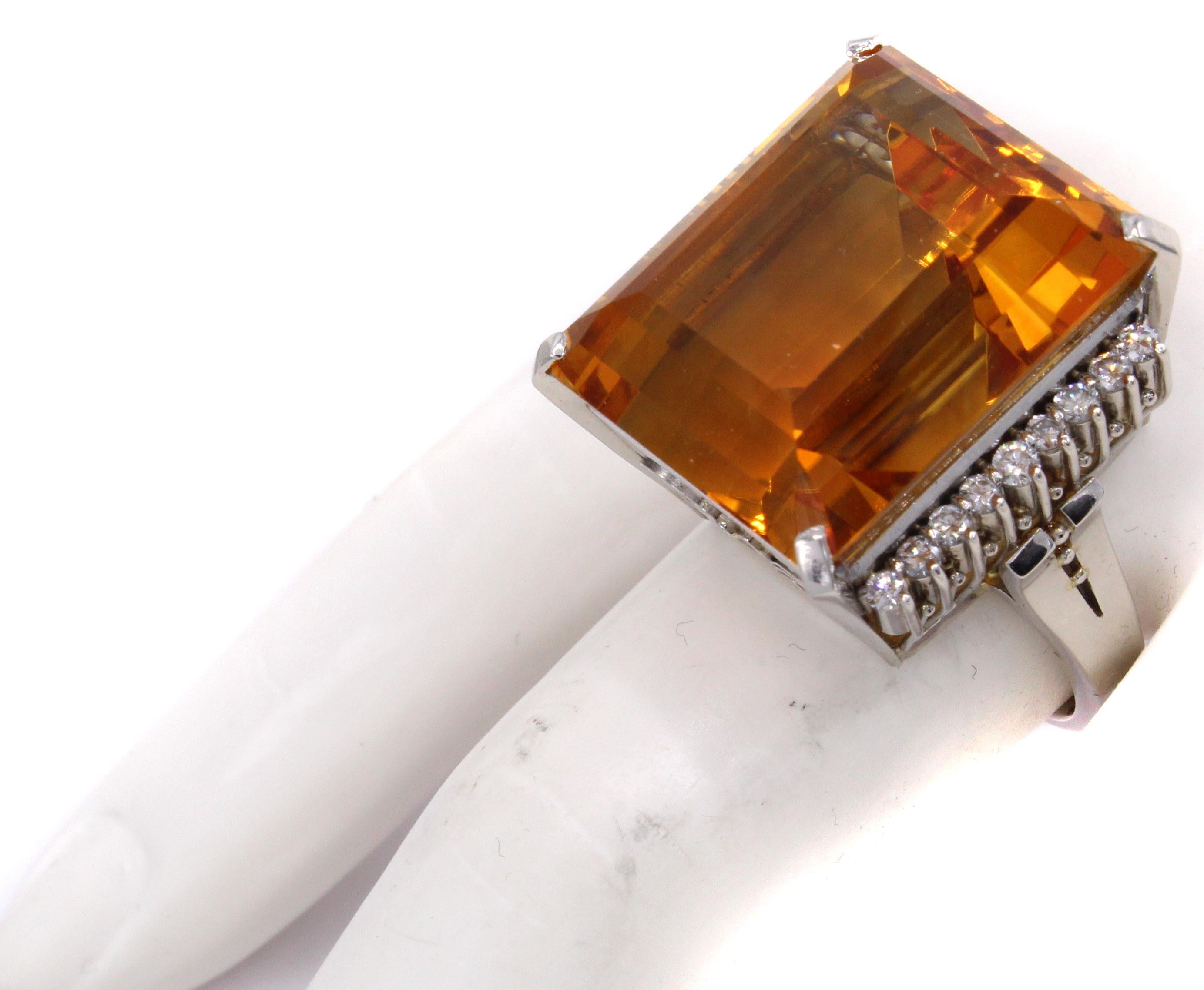 Women's or Men's Oversized Gem Golden 37.50 Carat Citrine Diamond Platinum Cocktail Ring For Sale