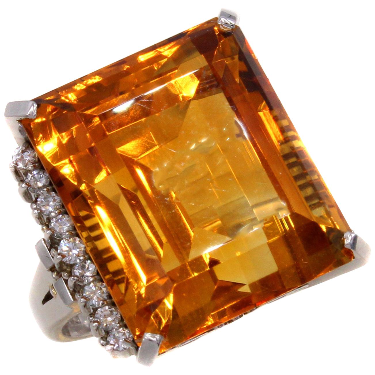 Oversized Gem Golden 37.50 Carat Citrine Diamond Platinum Cocktail Ring For Sale