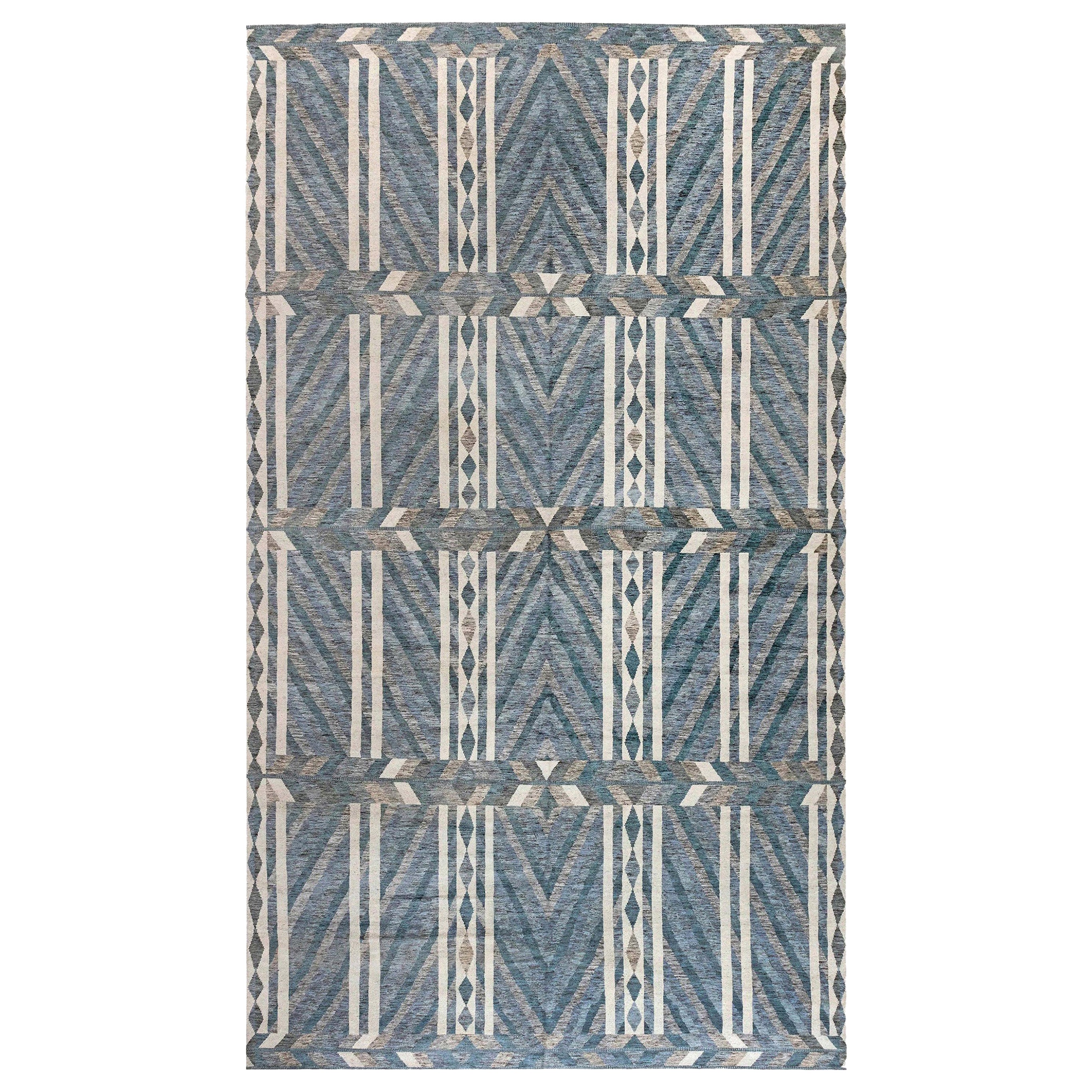 Oversized Geometric Swedish Style Blue Grey Handmade Rug by Doris Leslie Blau For Sale