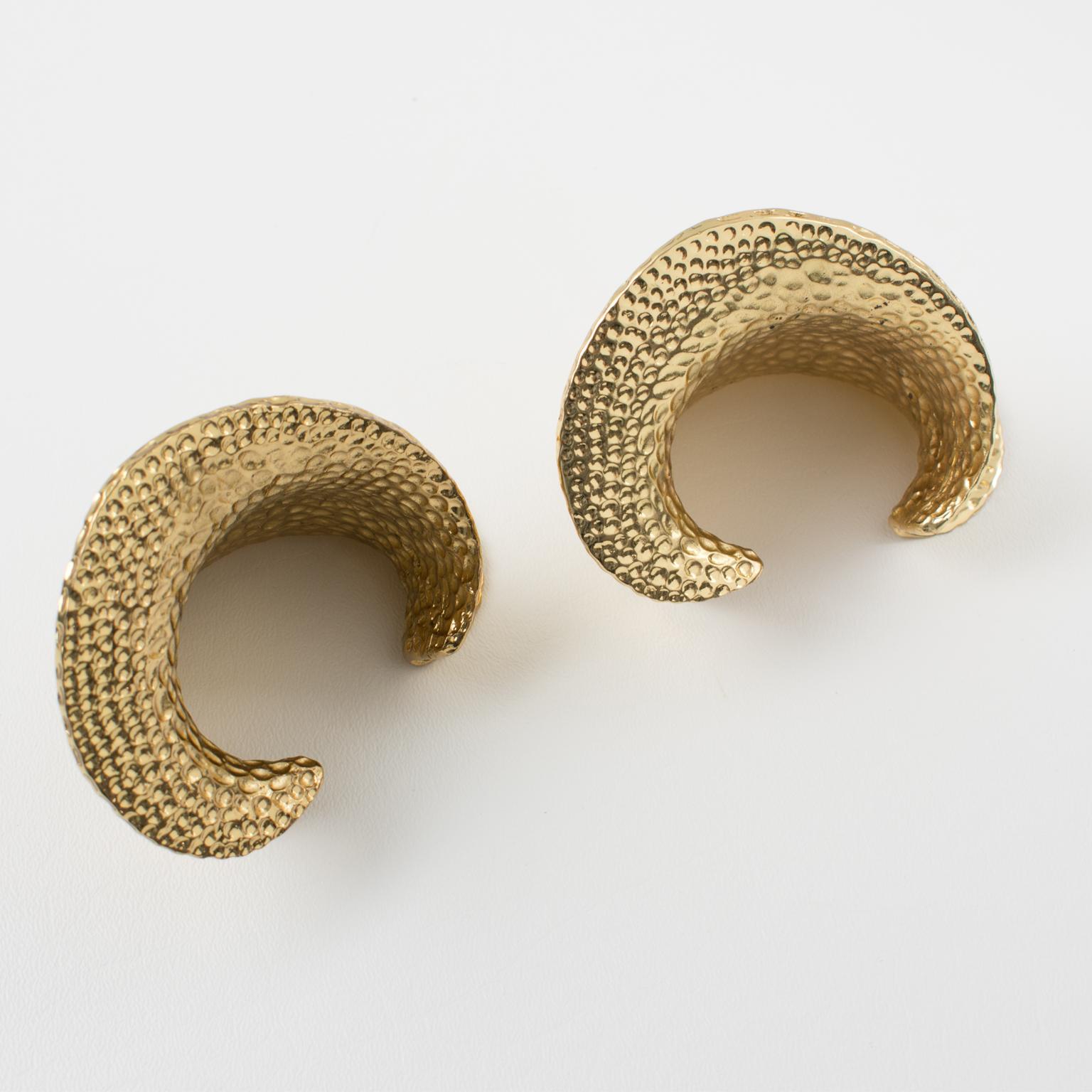 Women's or Men's Massive Gilt Metal Byzantine Carved Cuff Bracelet, a pair