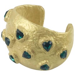 Oversized Gilt Resin Cuff Bangle by Nieta Stambowsky Green Heart Rhinestones