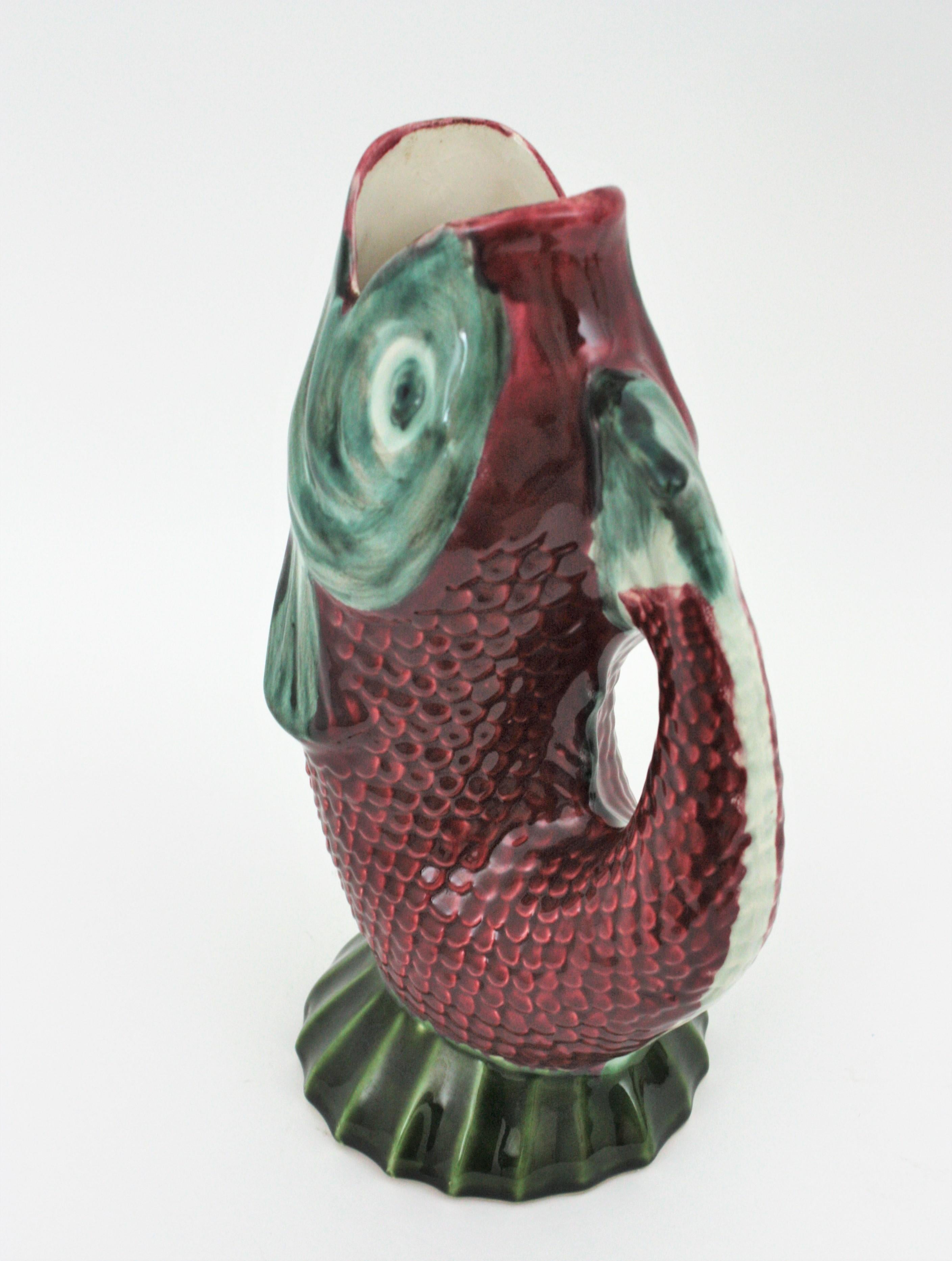 Mid-Century Modern Oversized Glazed Ceramic Gurgle Fish Jug Tall Pitcher, 1930s