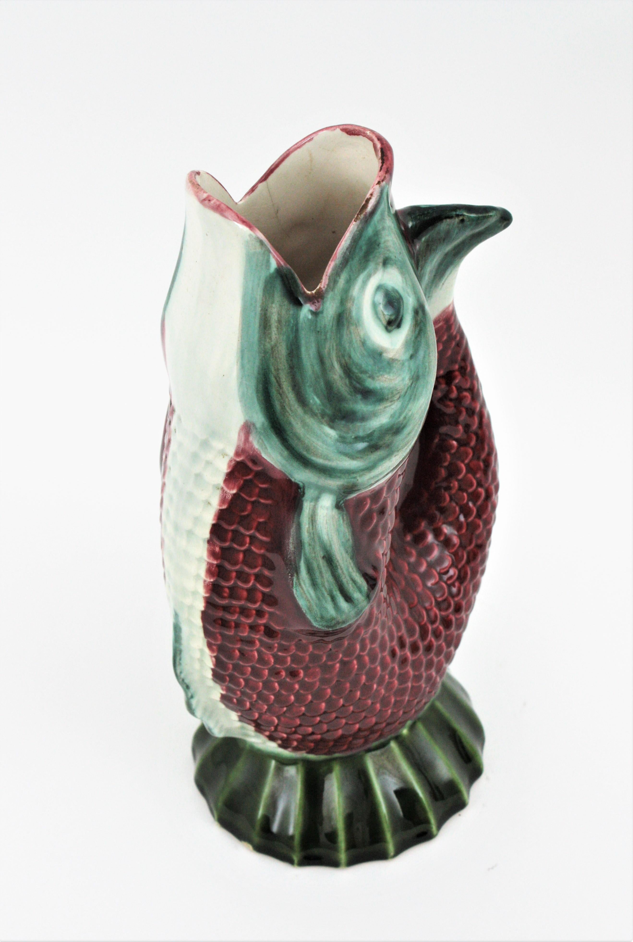 Oversized Glazed Ceramic Gurgle Fish Jug Tall Pitcher, 1930s In Good Condition In Barcelona, ES