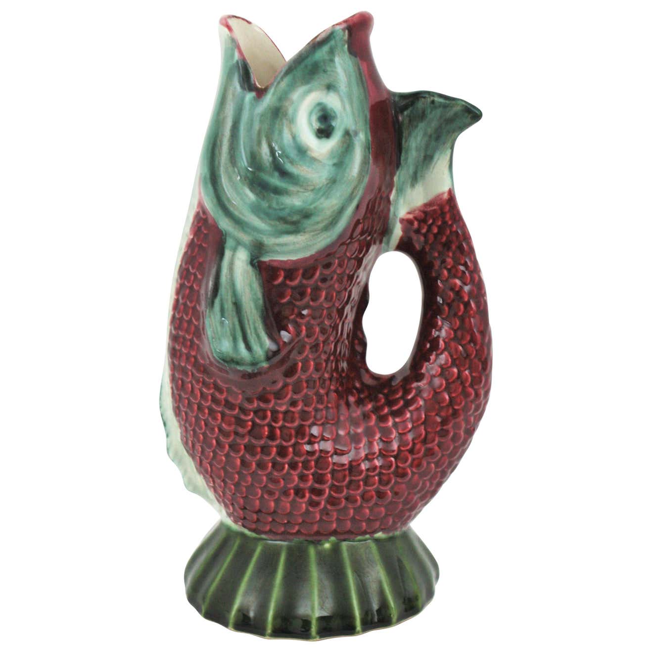 Oversized Glazed Ceramic Gurgle Fish Jug Tall Pitcher, 1930s at 1stDibs