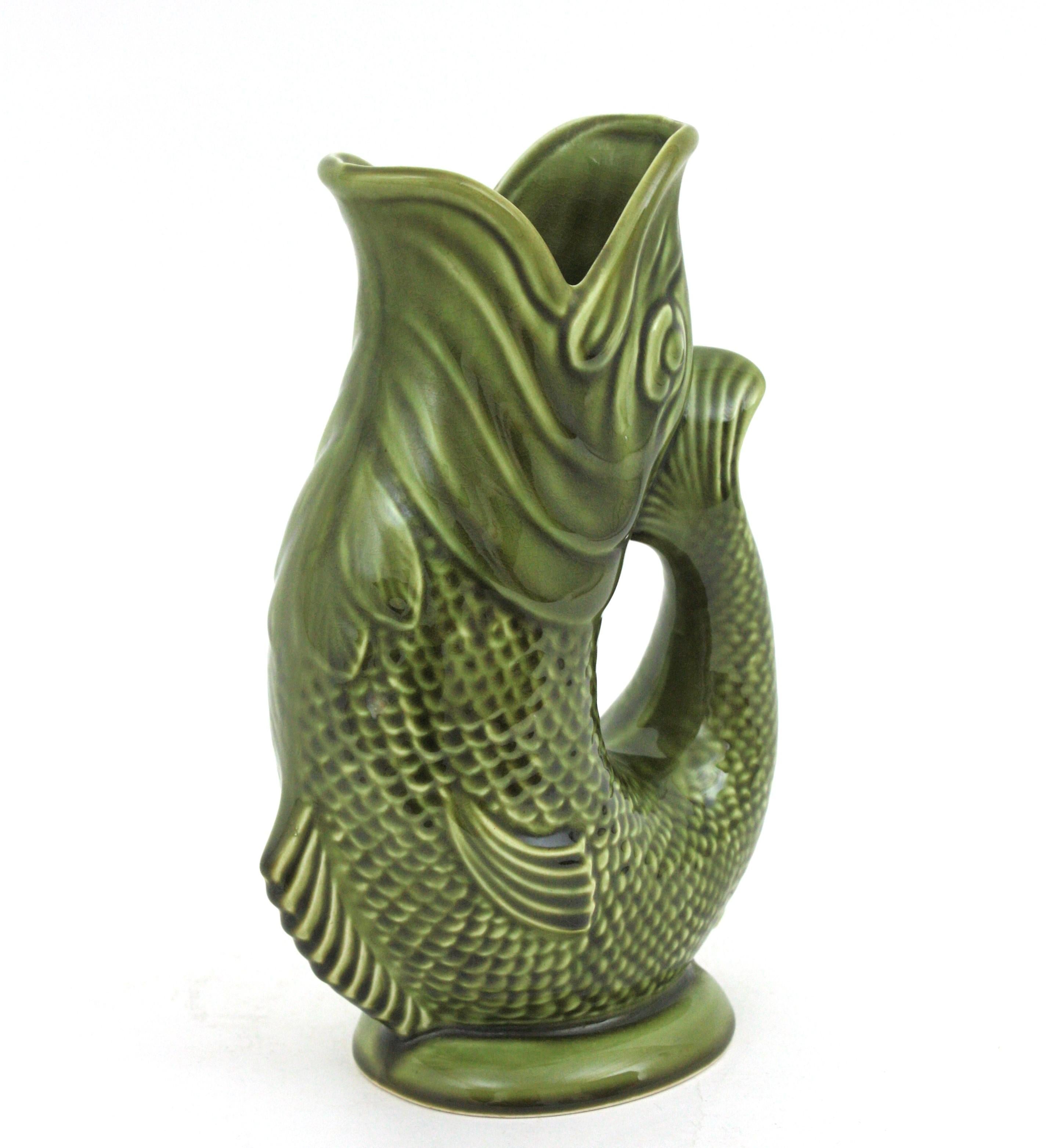 Oversized Glazed Ceramic Gurgle Fish Jug Tall Pitcher, 1950s In Good Condition For Sale In Barcelona, ES