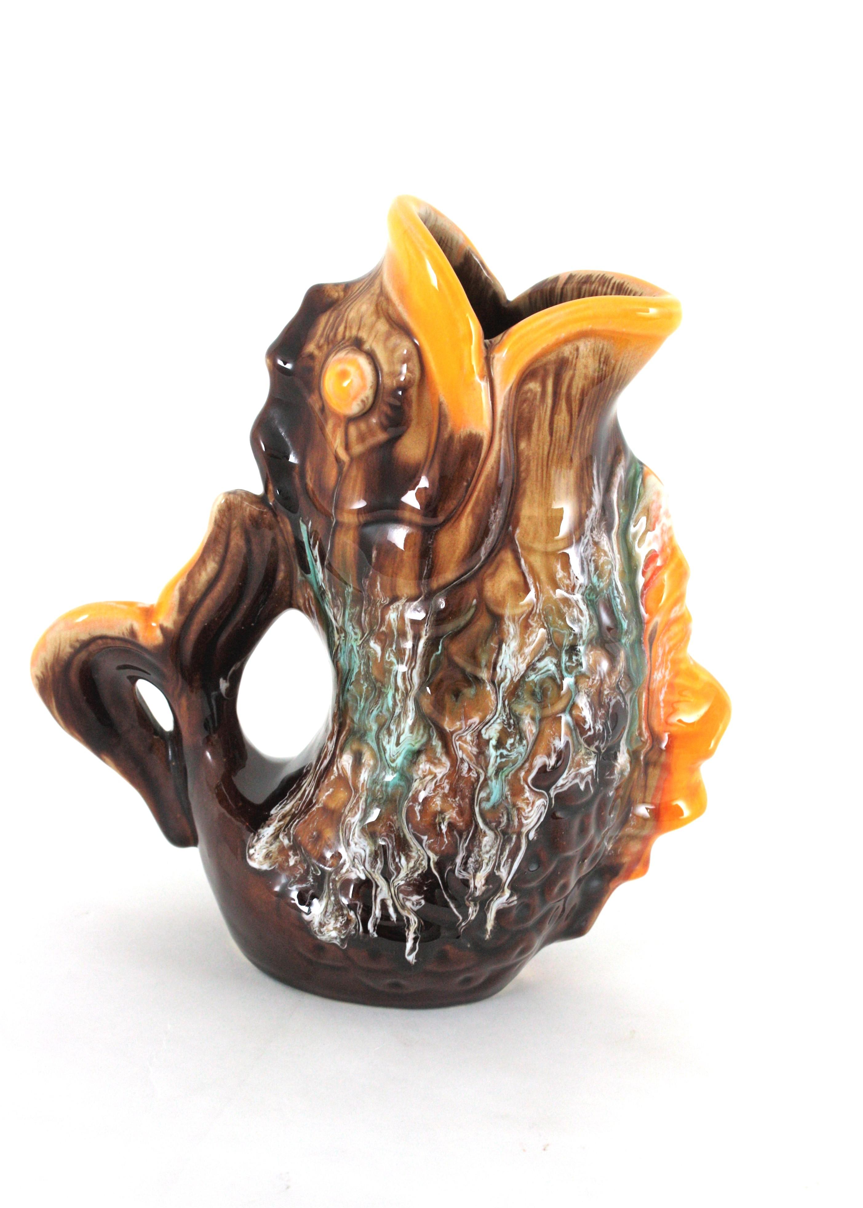 Oversized Glazed Ceramic Gurgle Fish Jug Vase Tall Pitcher, France 1950 For Sale 4