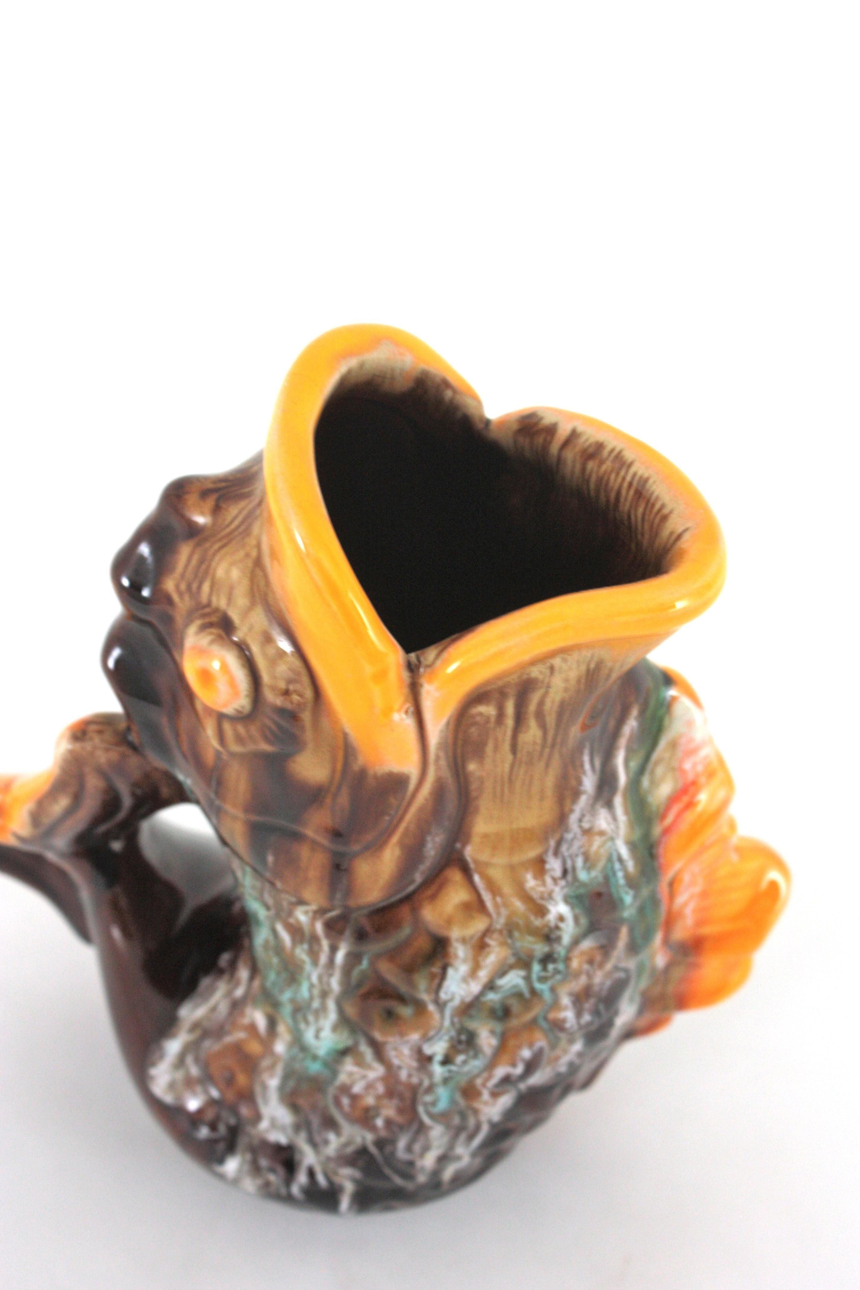 Oversized Glazed Ceramic Gurgle Fish Jug Vase Tall Pitcher, France 1950 For Sale 5