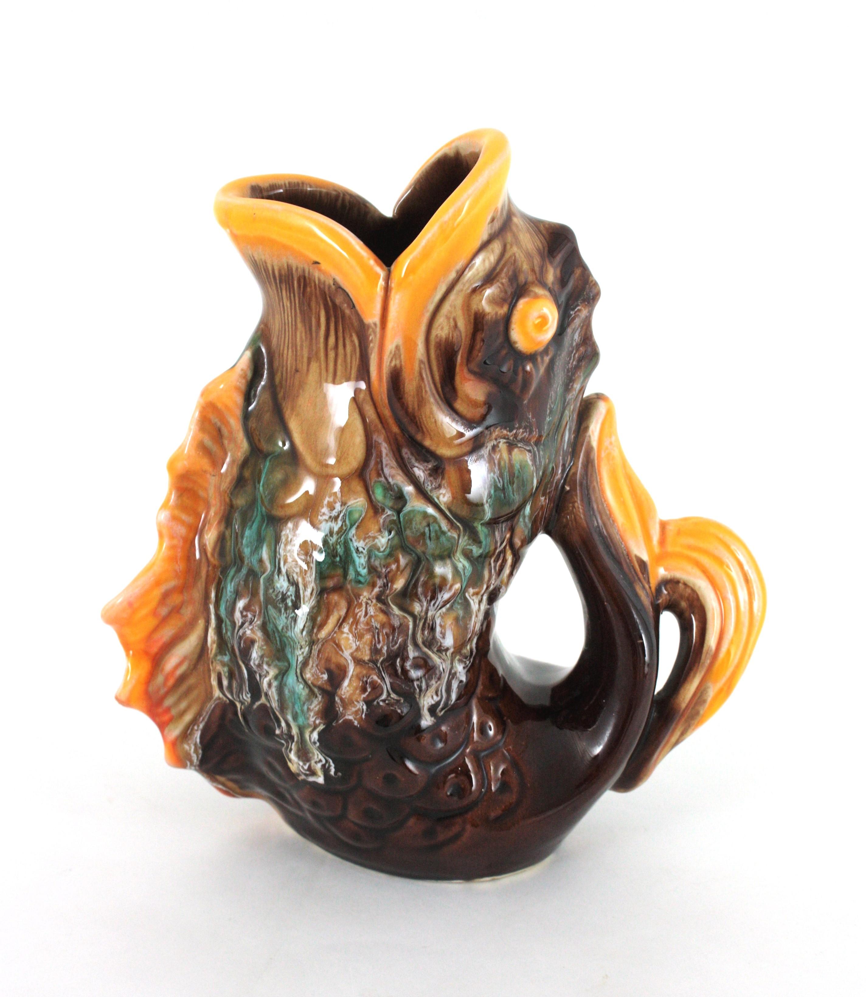 Oversized Glazed Ceramic Gurgle Fish Jug Vase Tall Pitcher, France 1950 For Sale 6