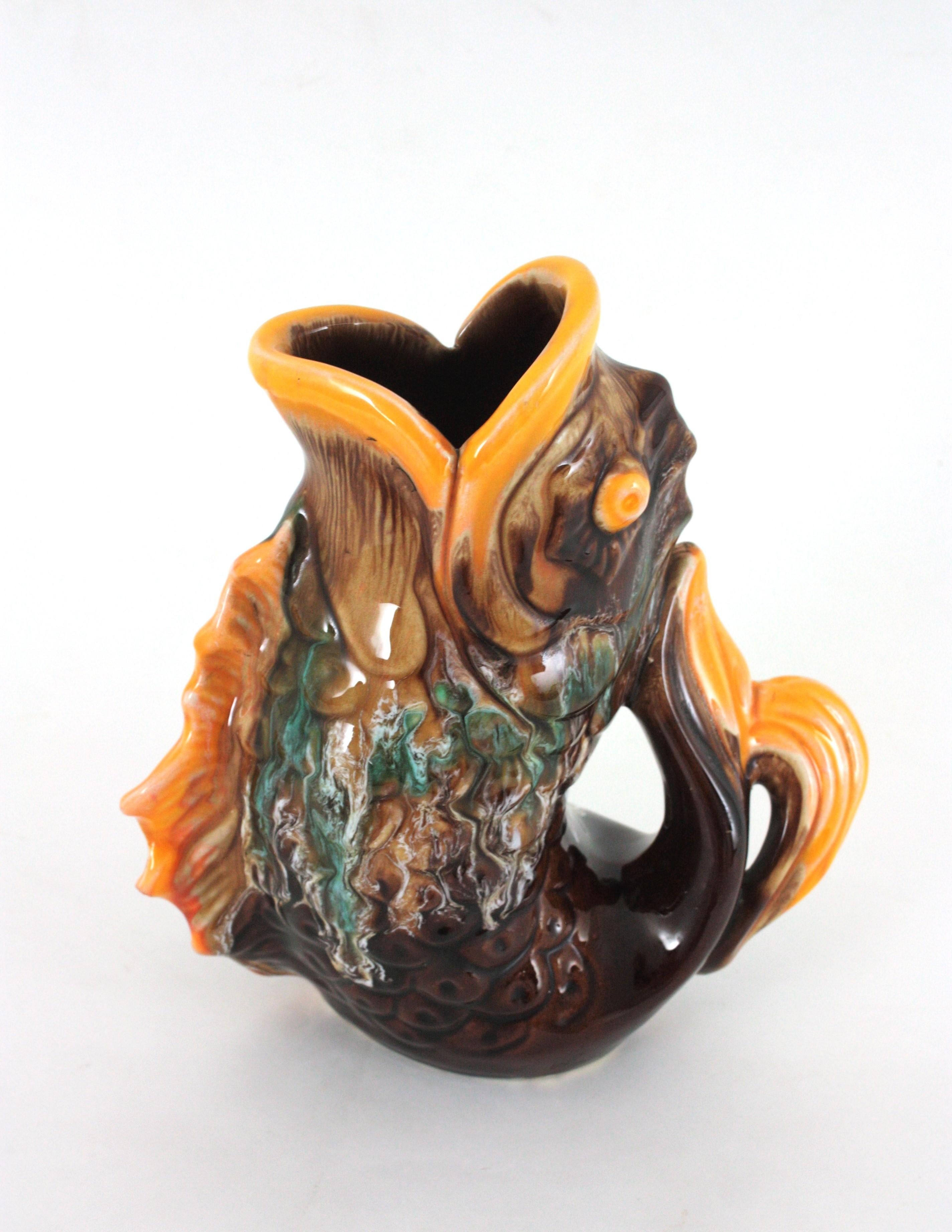 Mid-Century Modern Oversized Glazed Ceramic Gurgle Fish Jug Vase Tall Pitcher, France 1950 For Sale