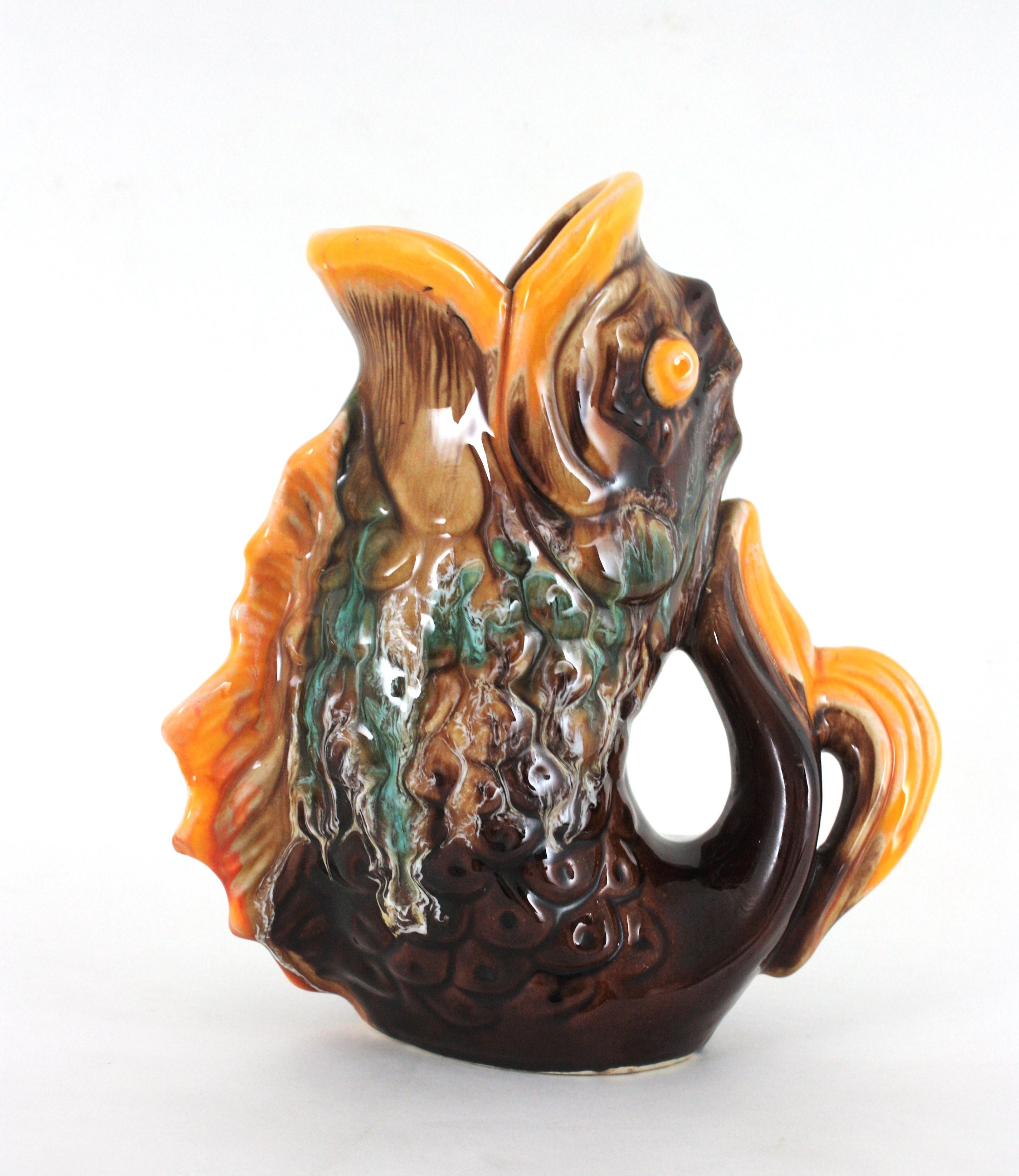 French Oversized Glazed Ceramic Gurgle Fish Jug Vase Tall Pitcher, France 1950 For Sale