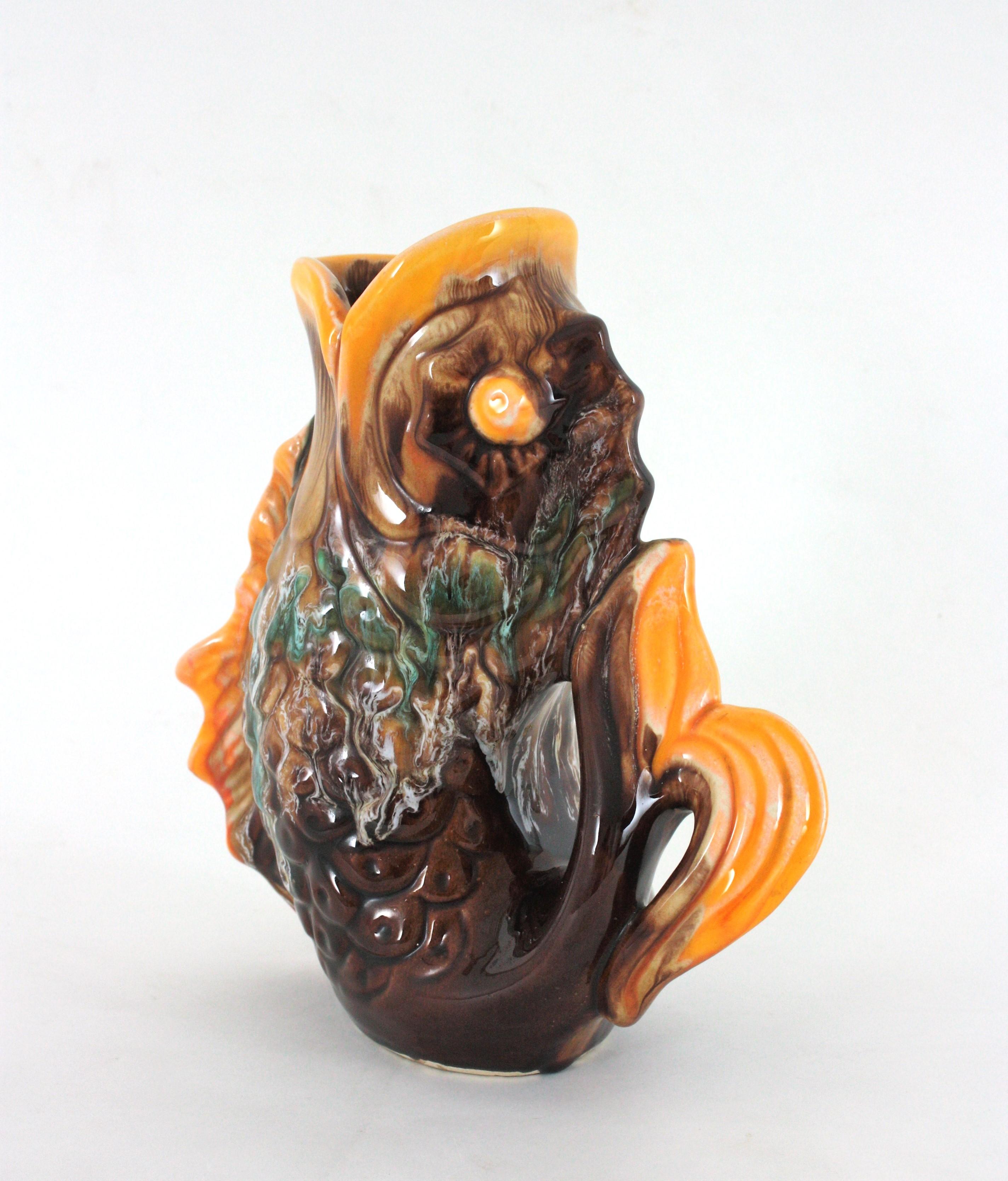 Oversized Glazed Ceramic Gurgle Fish Jug Vase Tall Pitcher, France 1950 In Good Condition For Sale In Barcelona, ES