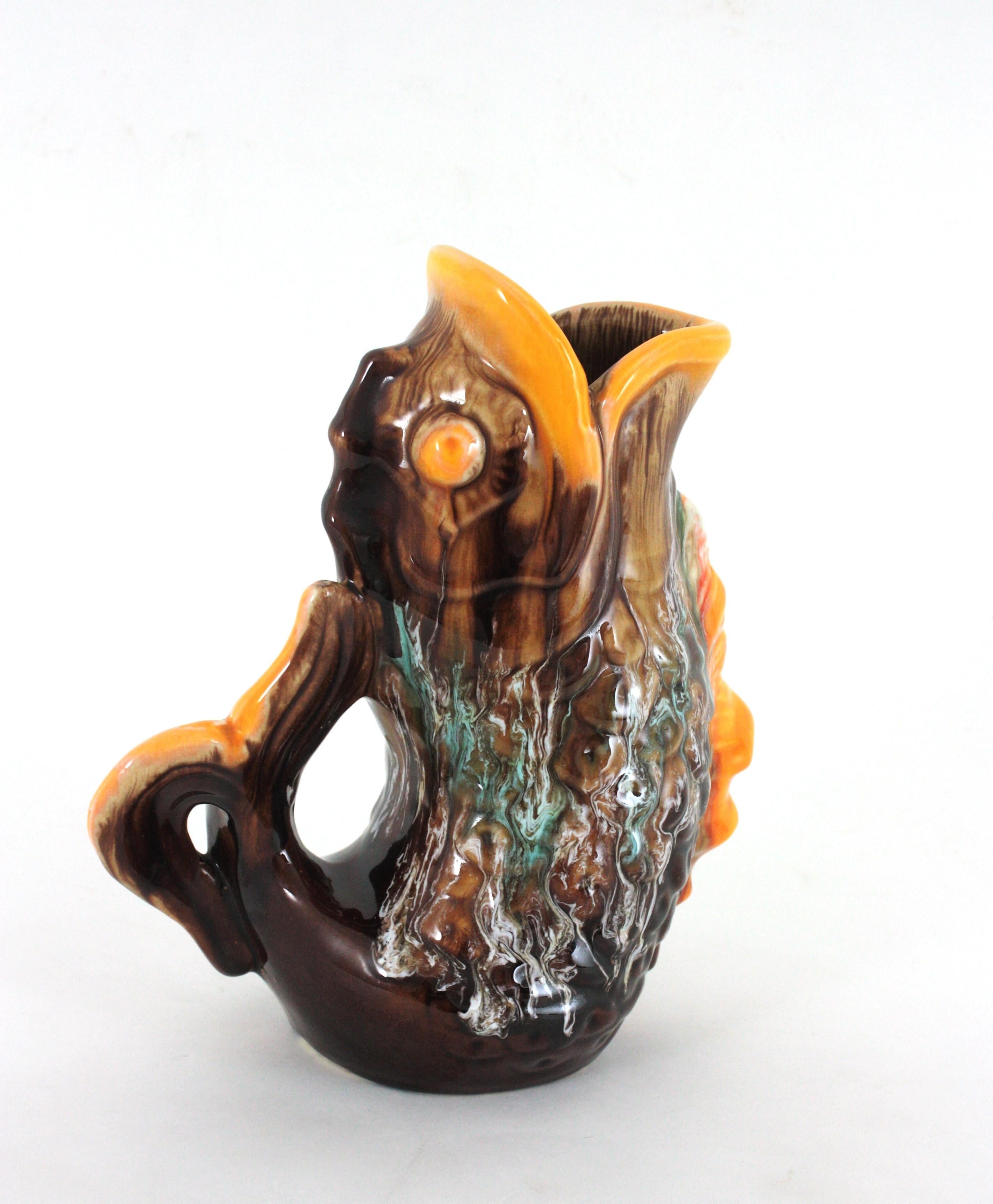 20th Century Oversized Glazed Ceramic Gurgle Fish Jug Vase Tall Pitcher, France 1950 For Sale