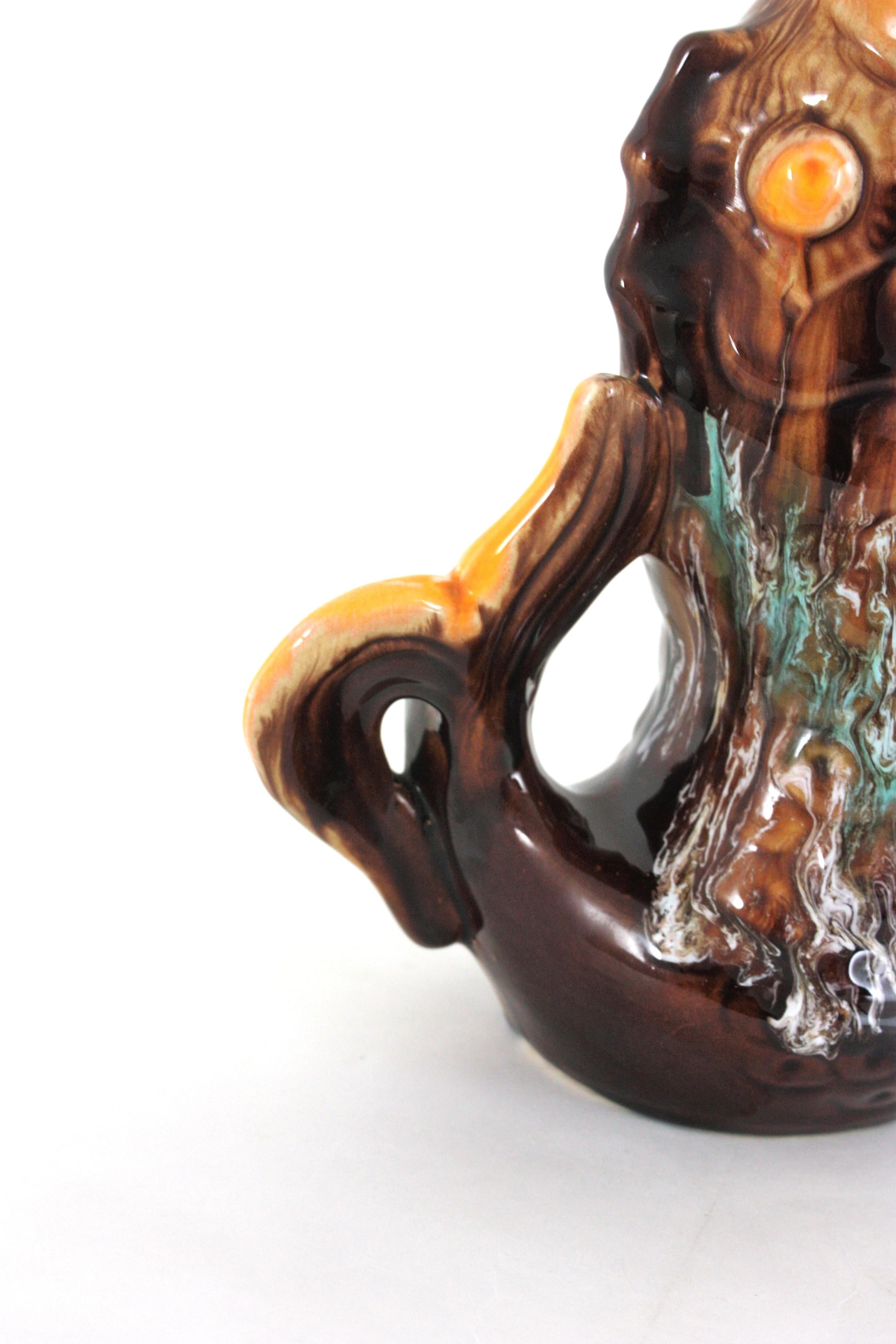 Oversized Glazed Ceramic Gurgle Fish Jug Vase Tall Pitcher, France 1950 For Sale 1