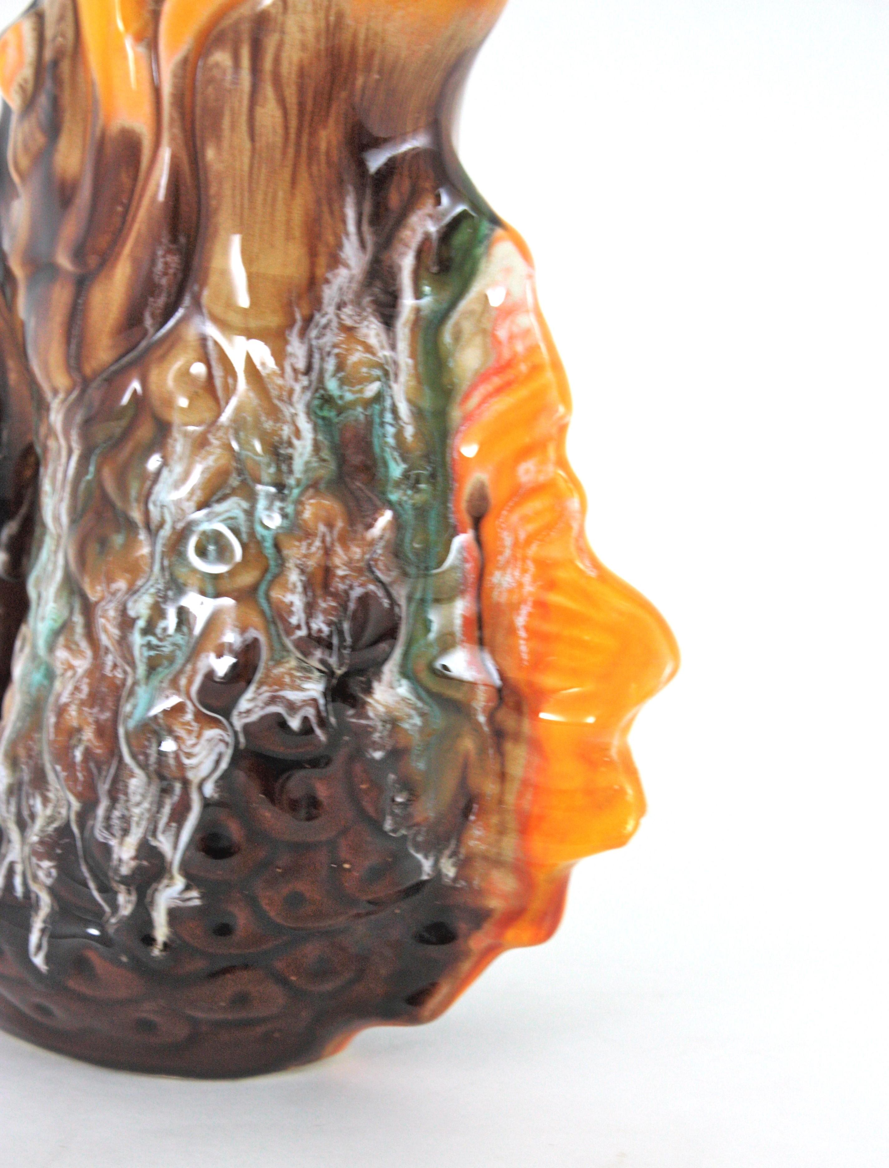 Oversized Glazed Ceramic Gurgle Fish Jug Vase Tall Pitcher, France 1950 For Sale 2