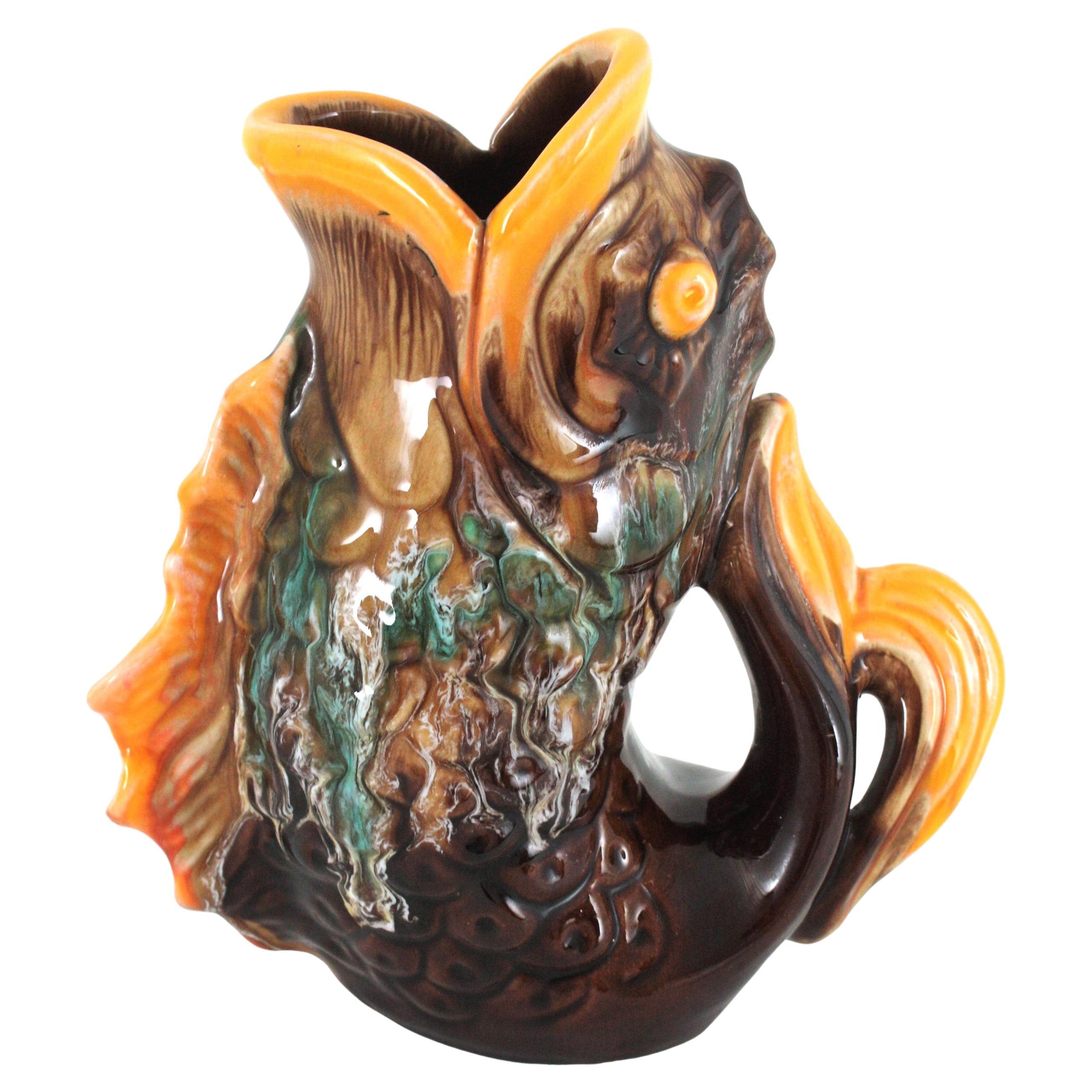 Oversized Glazed Ceramic Gurgle Fish Jug Vase Tall Pitcher, France 1950 For Sale