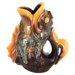 Oversized Glazed Ceramic Gurgle Fish Jug Vase Tall Pitcher, France 1950