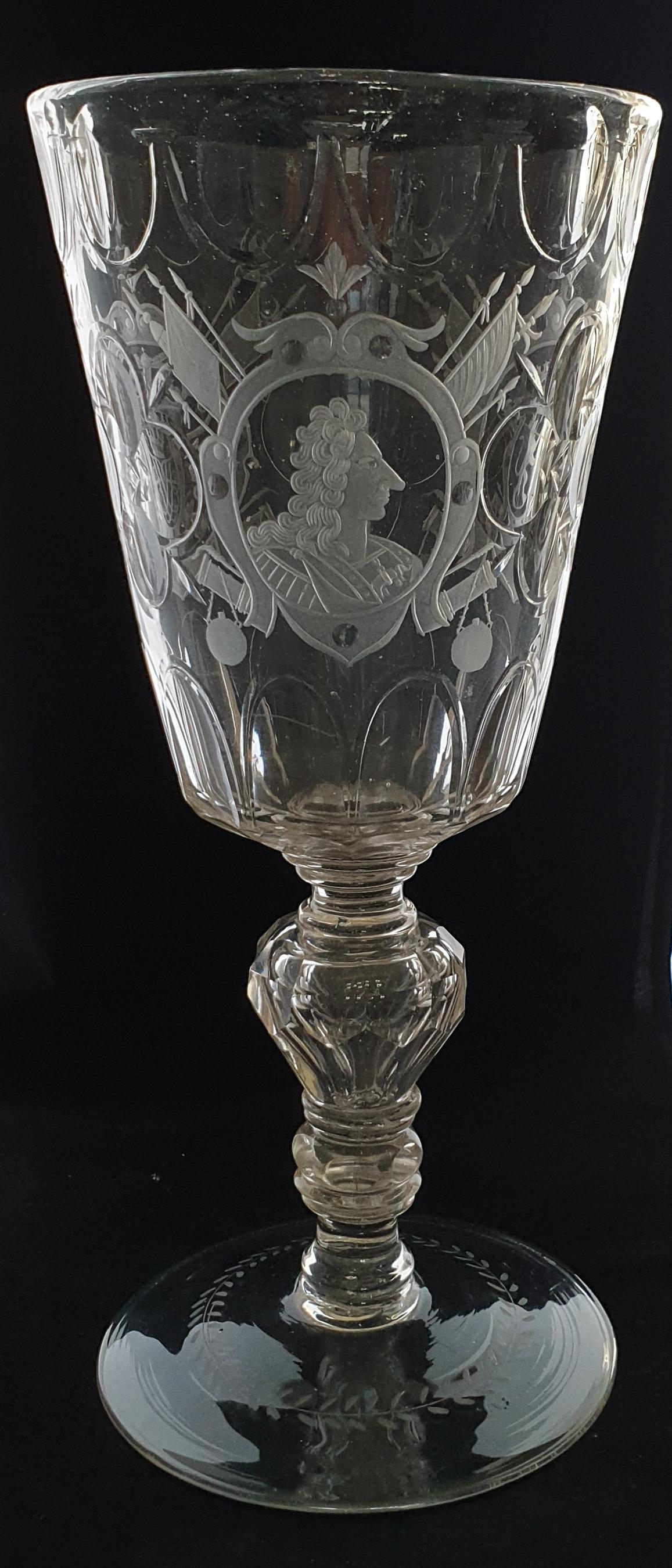 A fabulous, enormous piece of glass, engraved with a portrait of King Frederick IV of Denmark & Norway, his monogram and arms. Possibly Buttlarschen or Altmeunden.