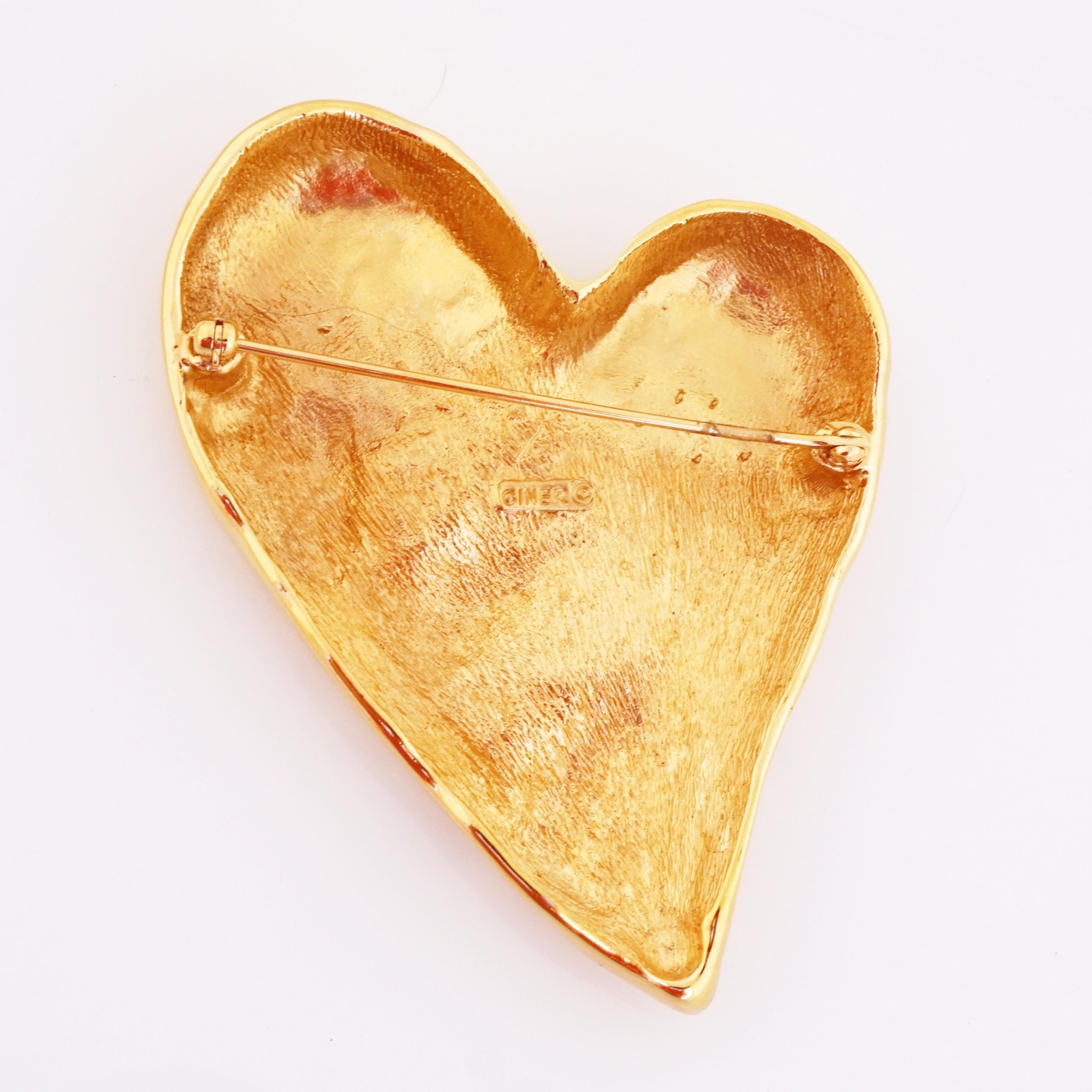 Modern Oversized Gold Heart Brooch With Crinkle Texture By Ciner, 1980s