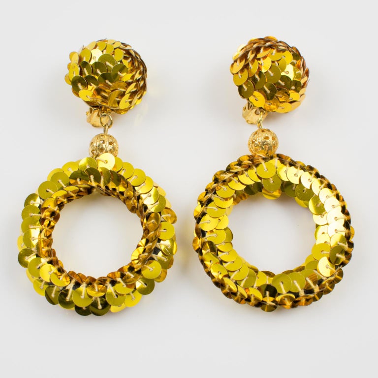 Oversized Gold Sequin Disco Donut Dangle Clip Earrings For Sale at 1stDibs
