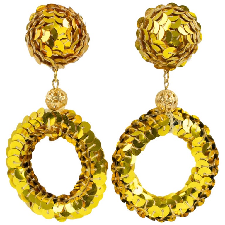 Oversized Gold Sequin Disco Donut Dangling Chandelier Clip on Earrings ...
