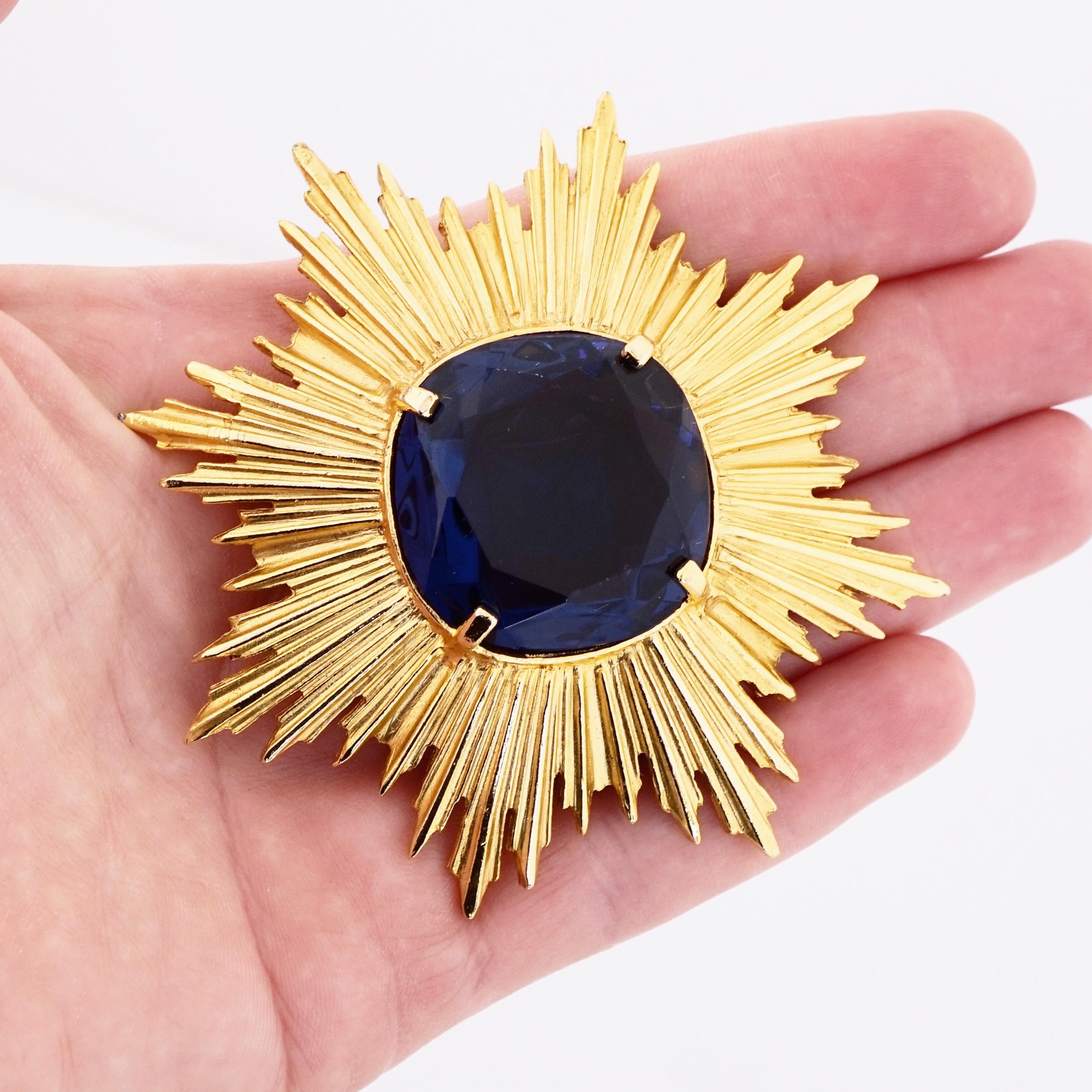 Women's Oversized Gold Sunburst Brooch With Blue Sapphire Crystal By Accessocraft, 1970s