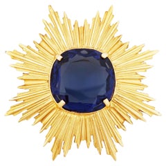 Oversized Gold Sunburst Brooch With Blue Sapphire Crystal By Accessocraft, 1970s
