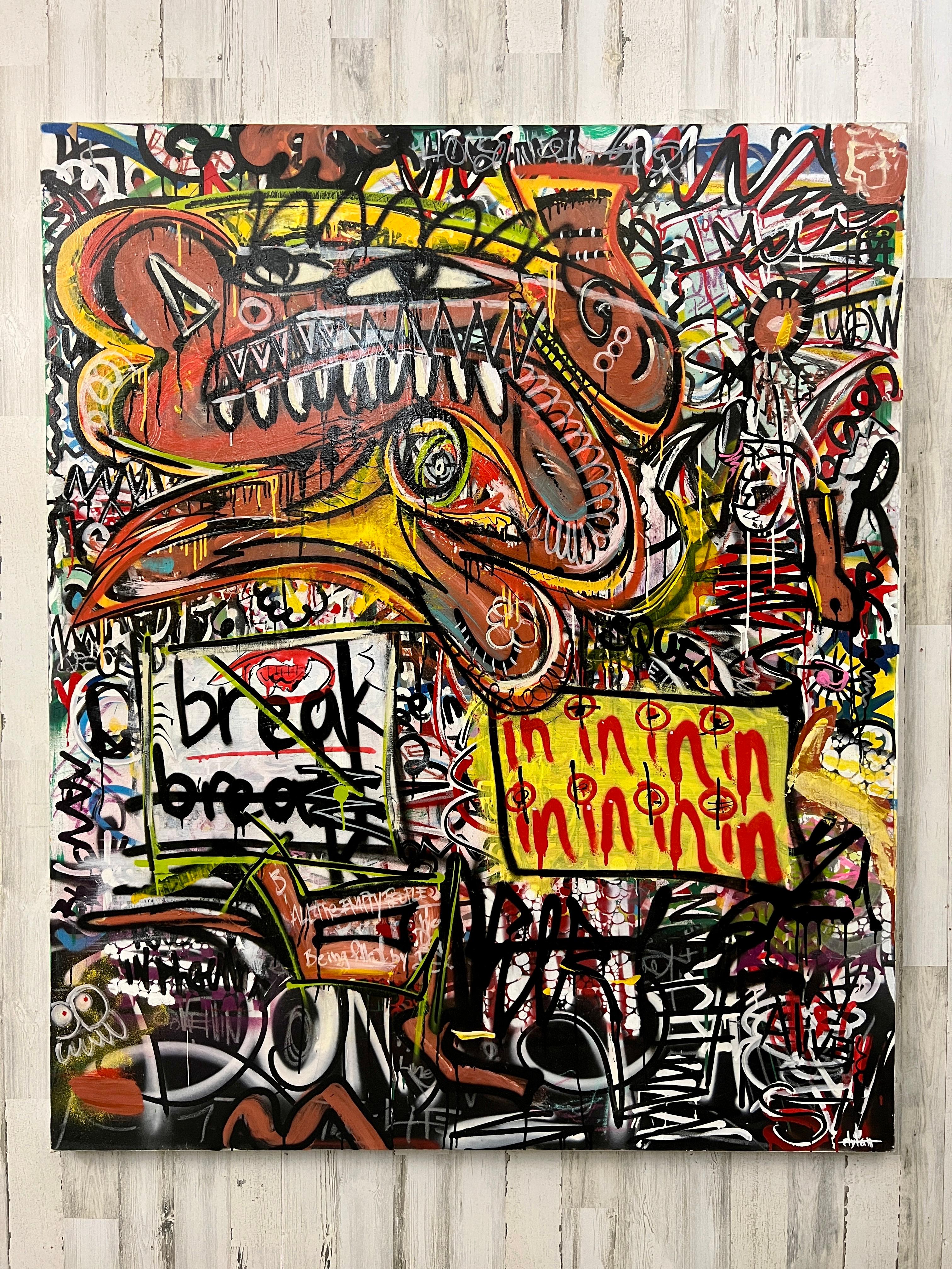A mixed media of acrylic paint applied by hand with acrylic spray paint and alcohol ink on a wood framed canvas. Inspired by the great Graffiti artist of modern history Dylans bold 